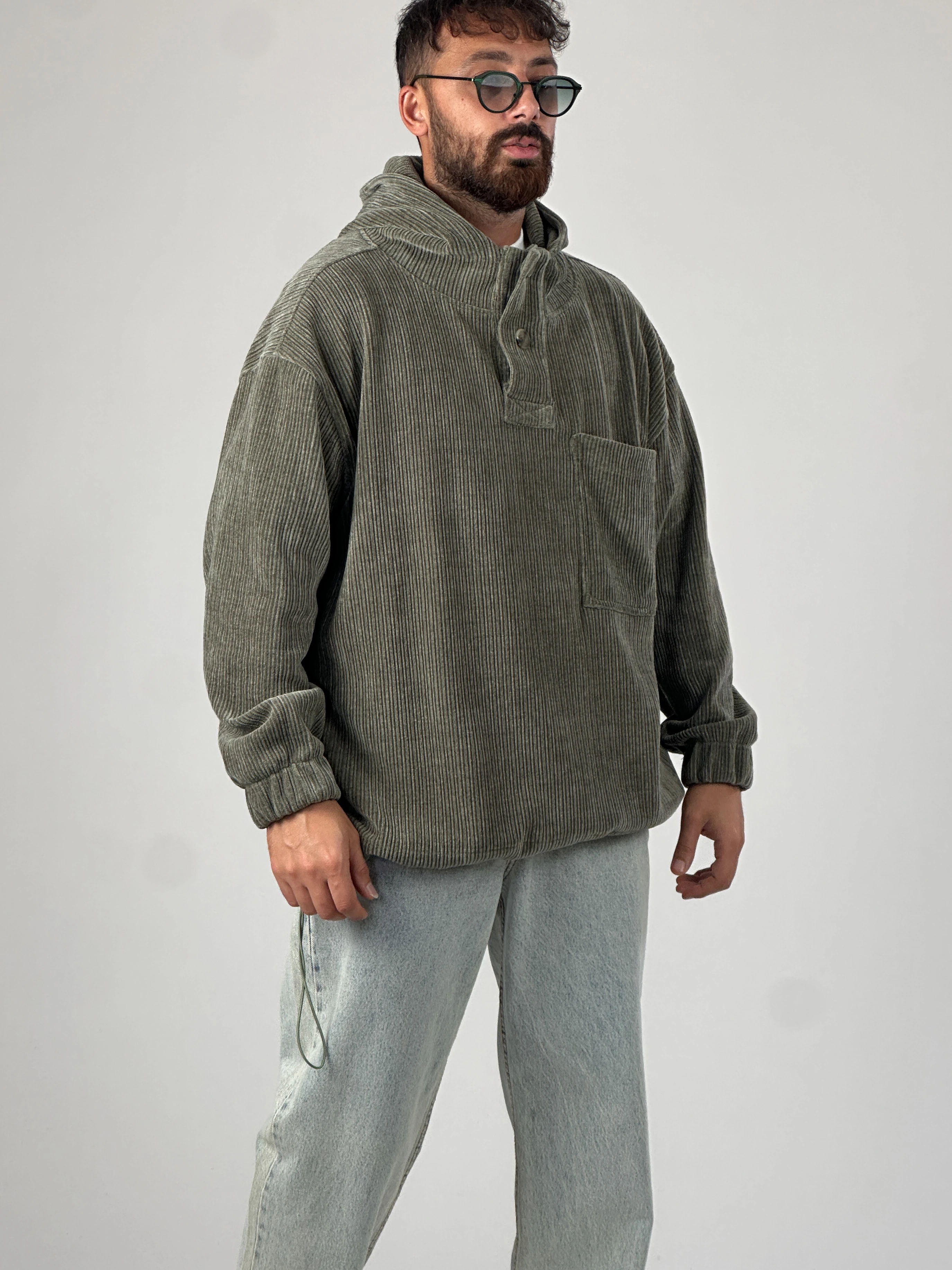 Kadife Dokulu Haki Oversize Kapüşonlu Erkek Sweatshirt
