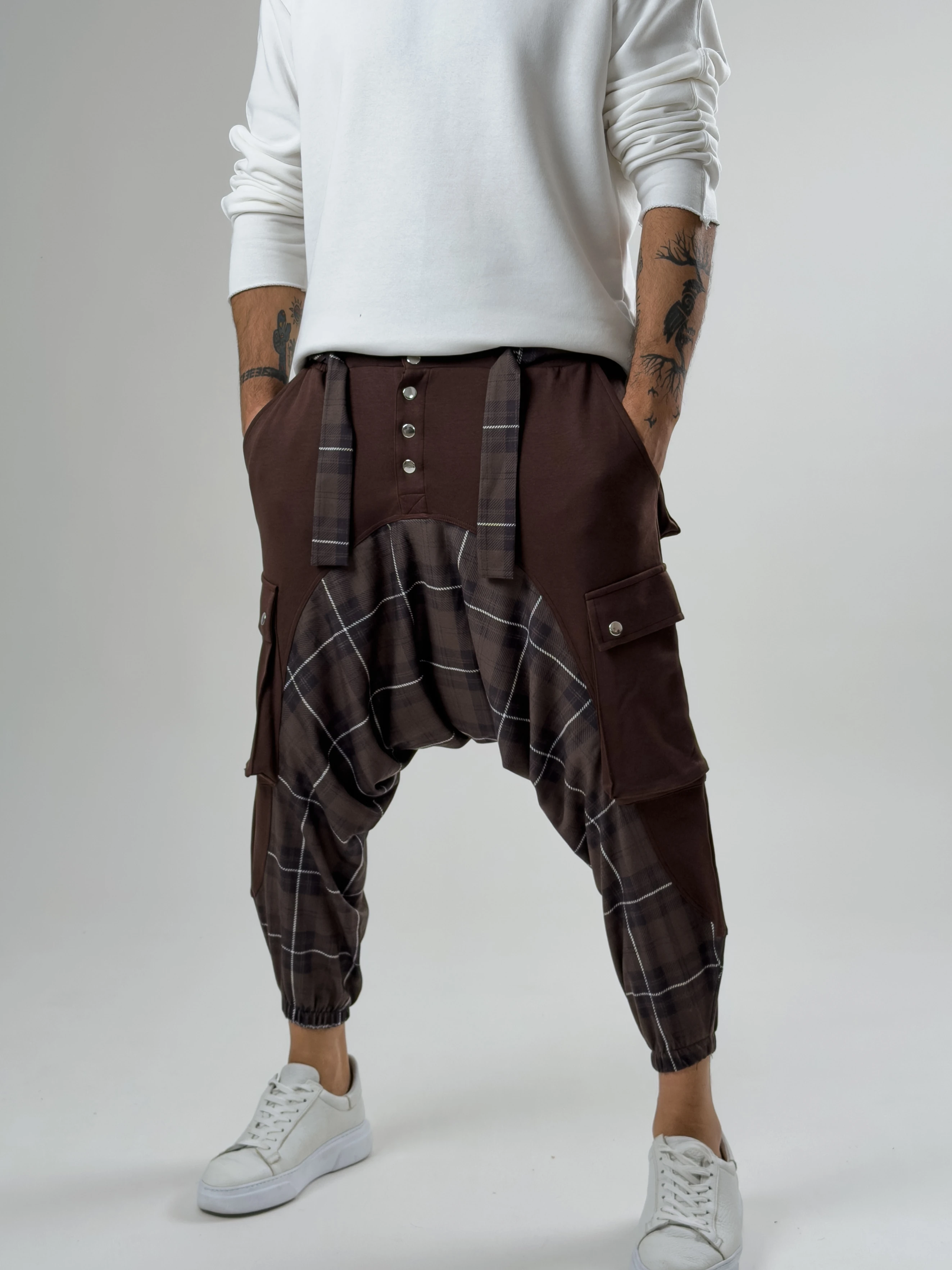 Garni Tasarım Erkek Kahverengi Etnik Desenli Spor Şalvar COC2616