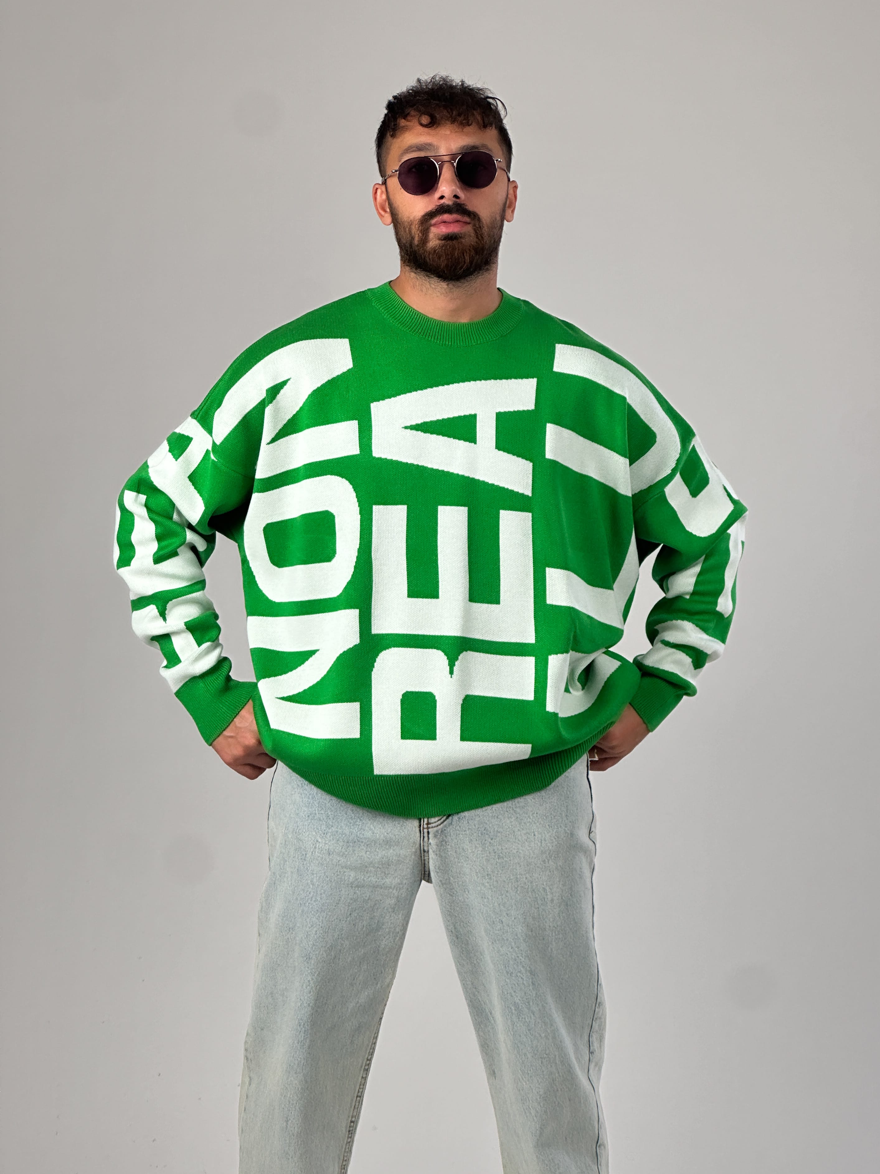 Bold Print Oversize Yeşil Erkek Sweat