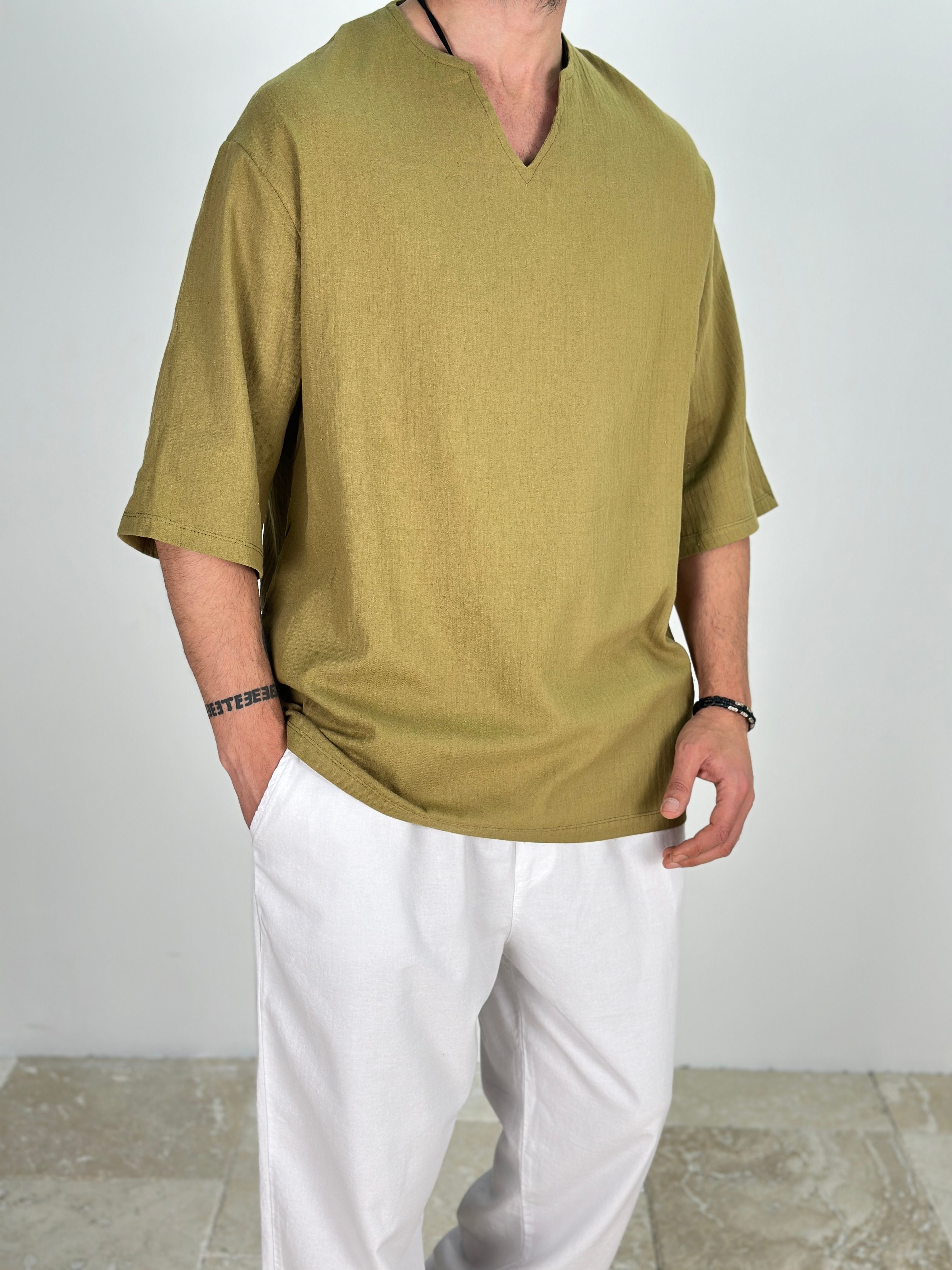 Müslin Kumaş Fakir Kol Zeytin Yeşili T-Shirt