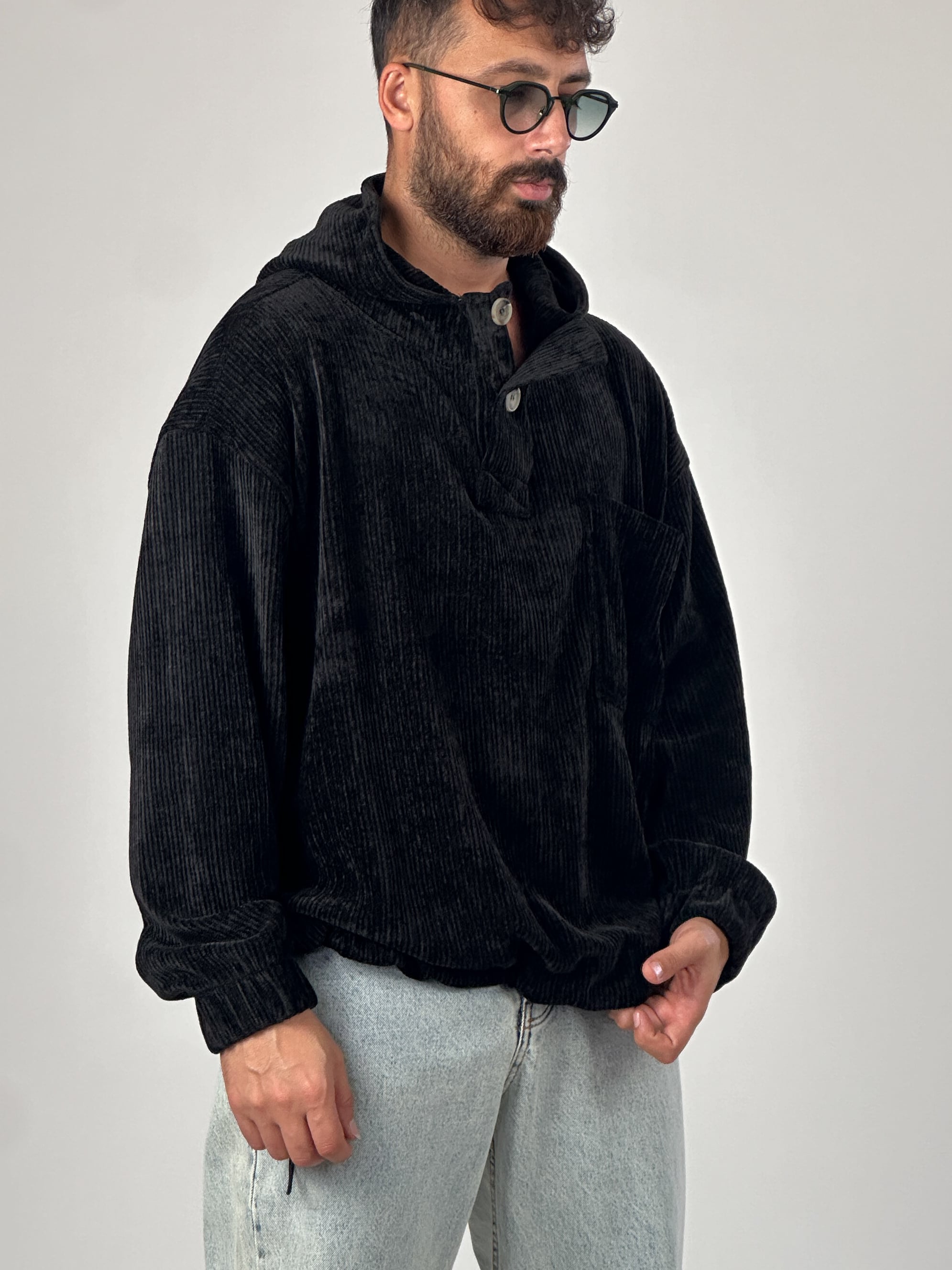 Kadife Dokulu Siyah Oversize Kapüşonlu Erkek Sweatshirt