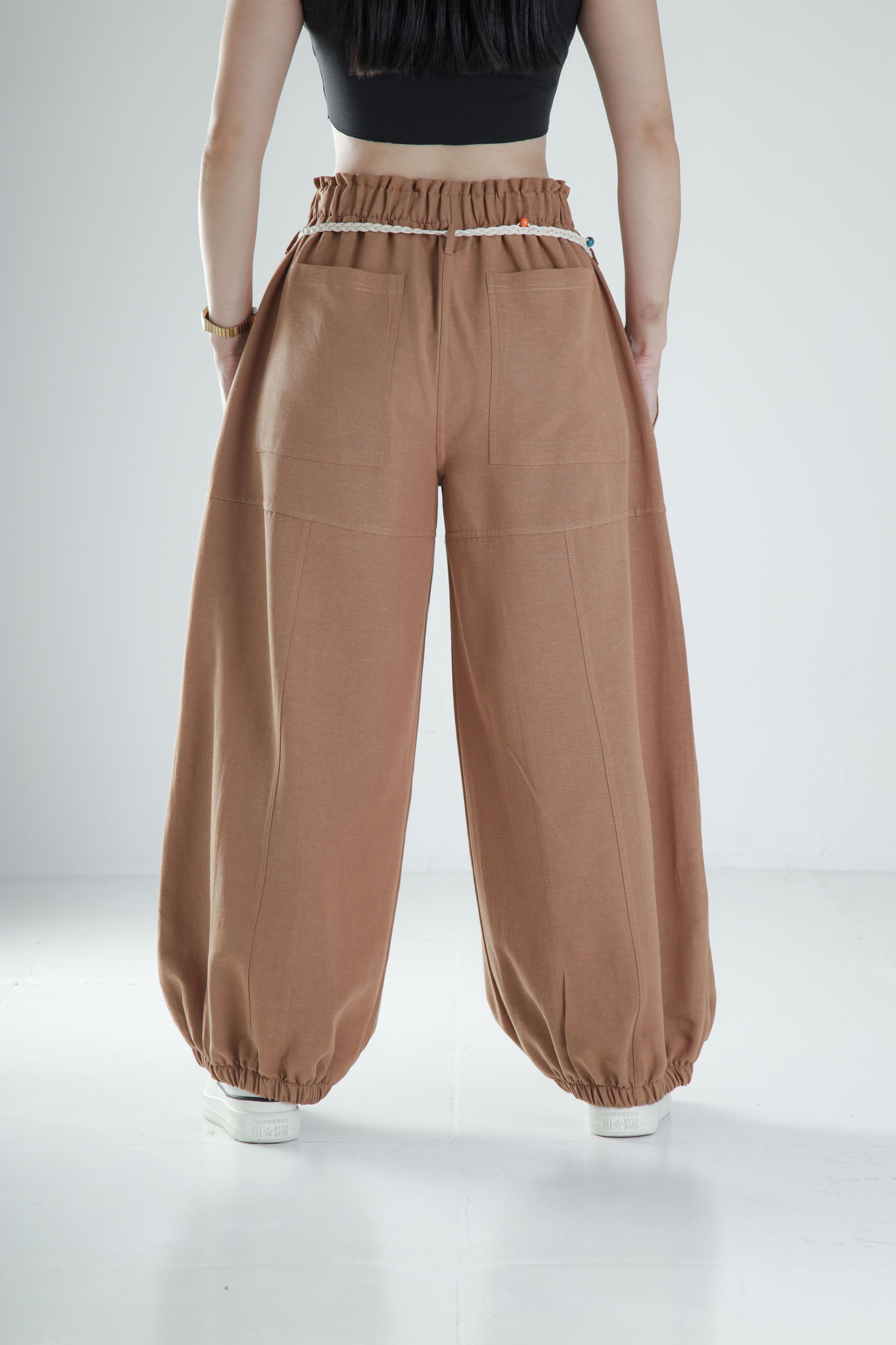 Tasarım Keten Kahverengi Baggy Pantolon