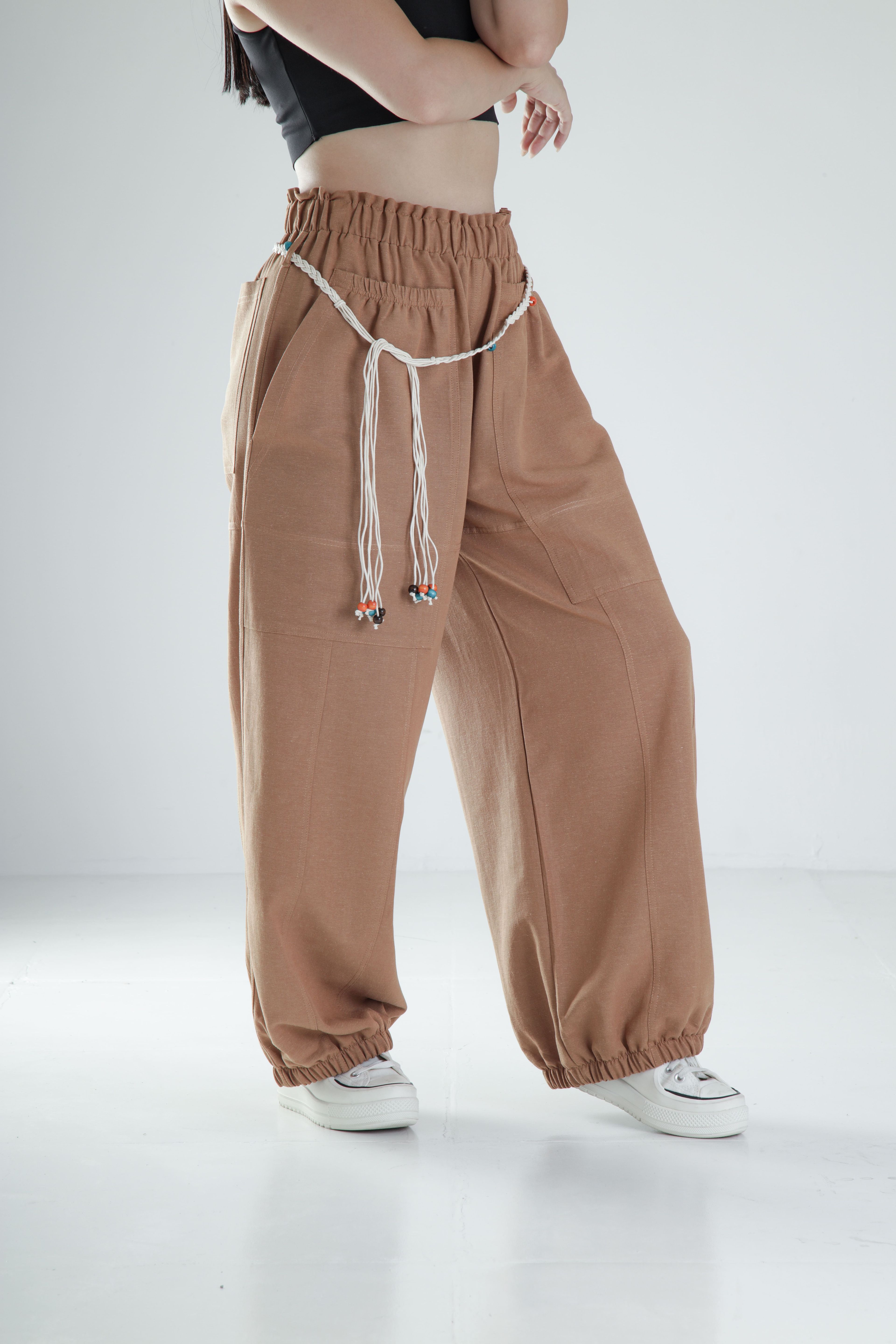 Tasarım Keten Kahverengi Baggy Pantolon