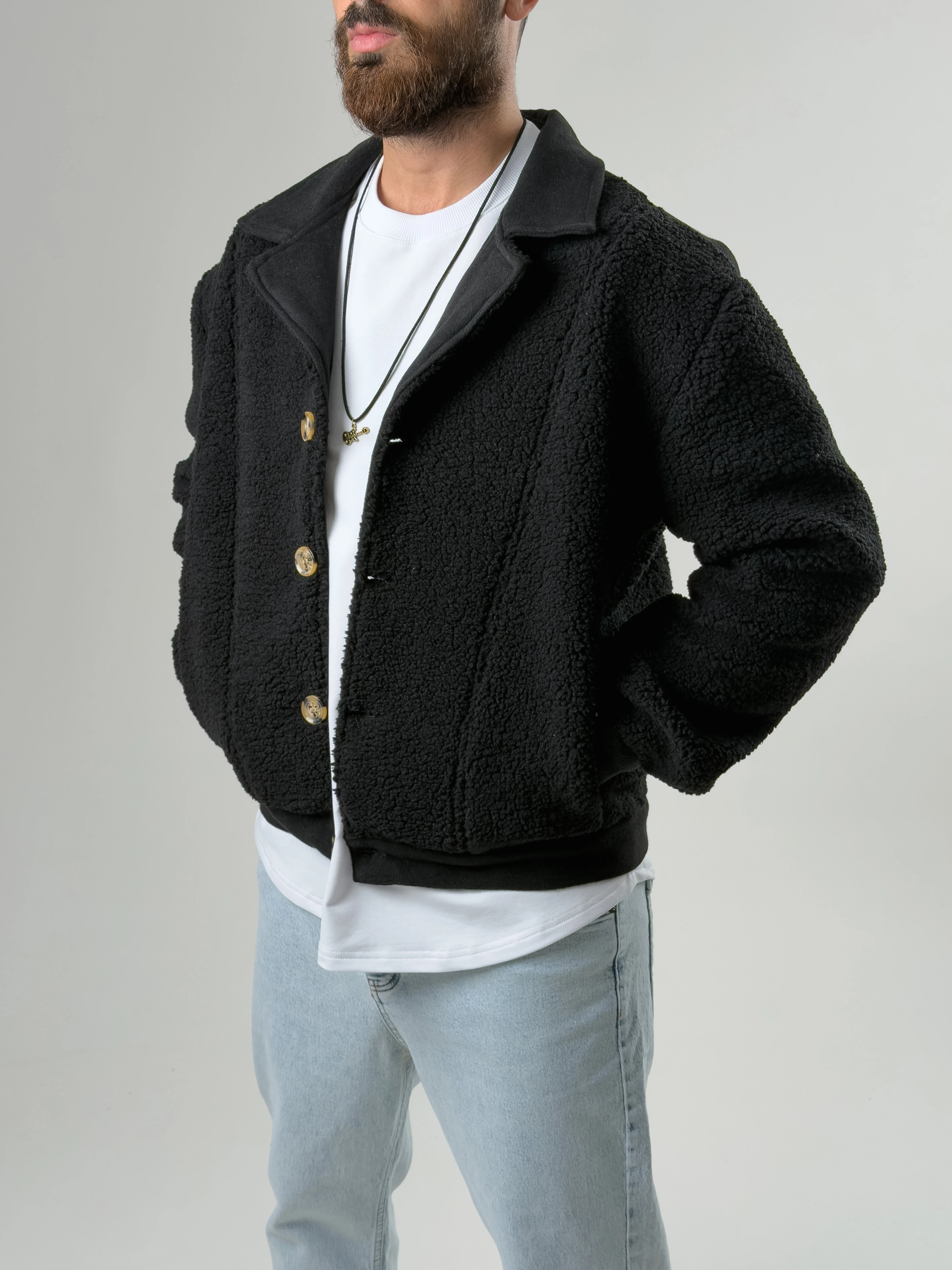 Erkek Kaşe Detaylı Siyah Peluş Hırka COC2586