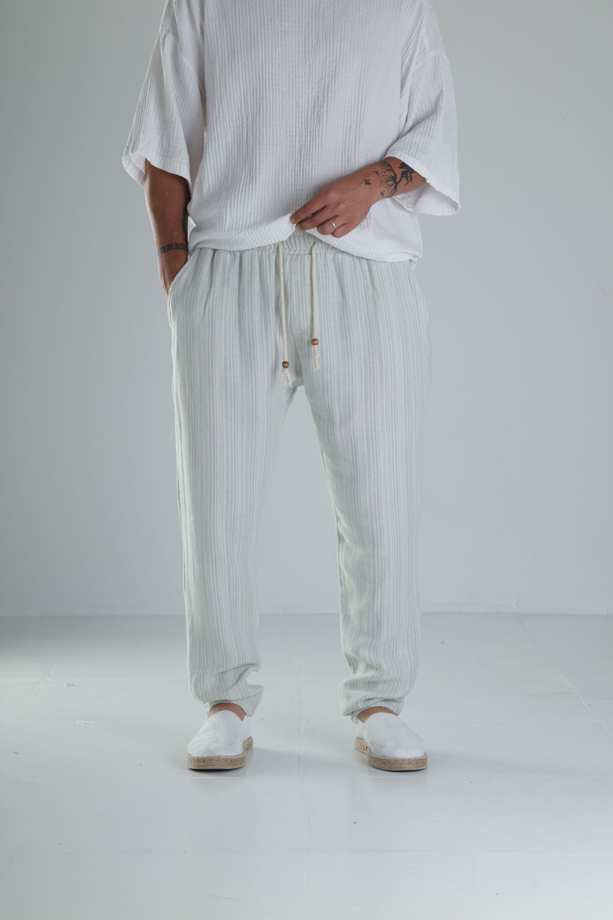 Yeşil Çizgili Müslin Keten Baggy Pantolon