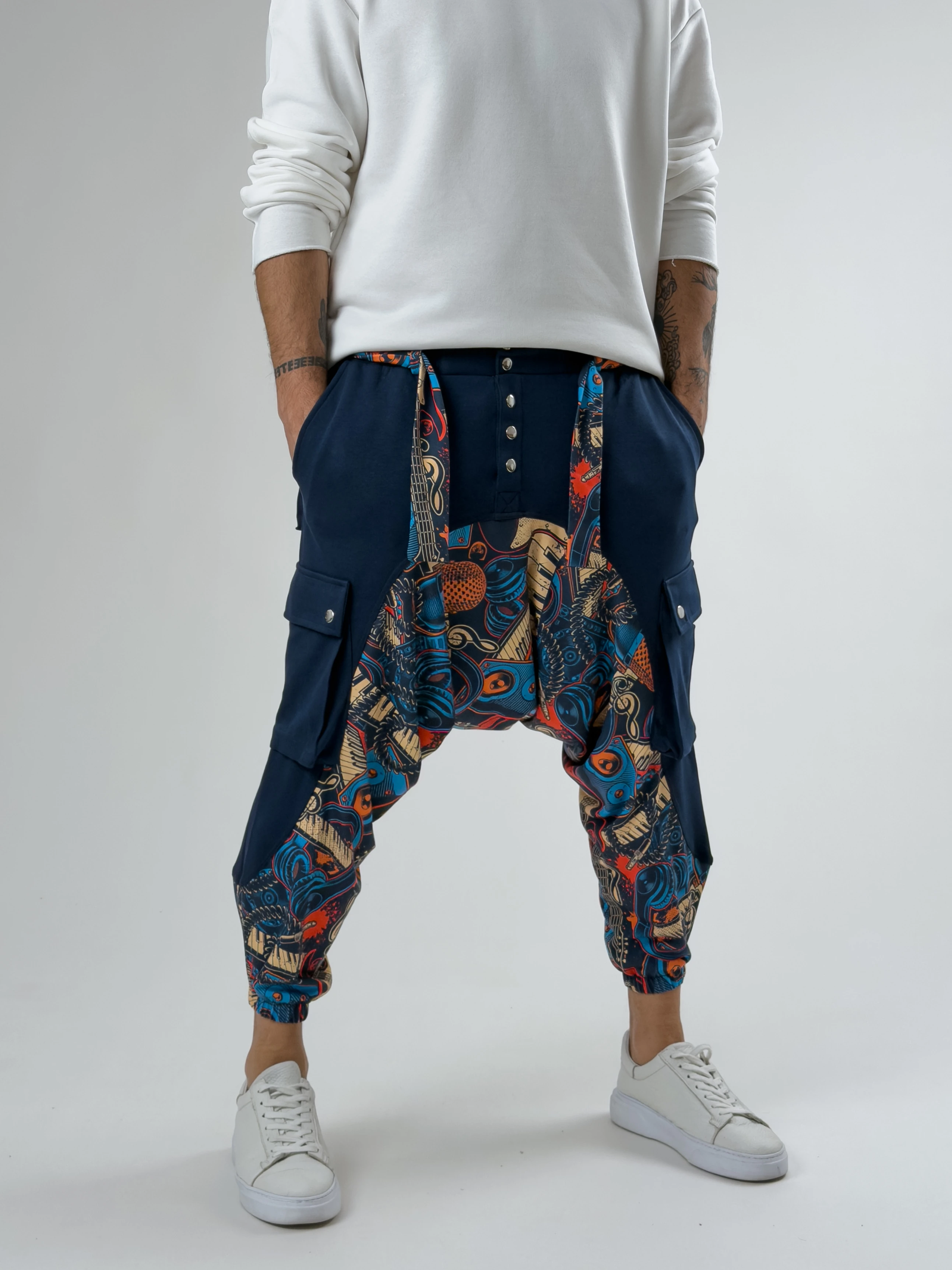 Garni Tasarım Erkek Müzik Desenli Lacivert Spor Şalvar COC2617