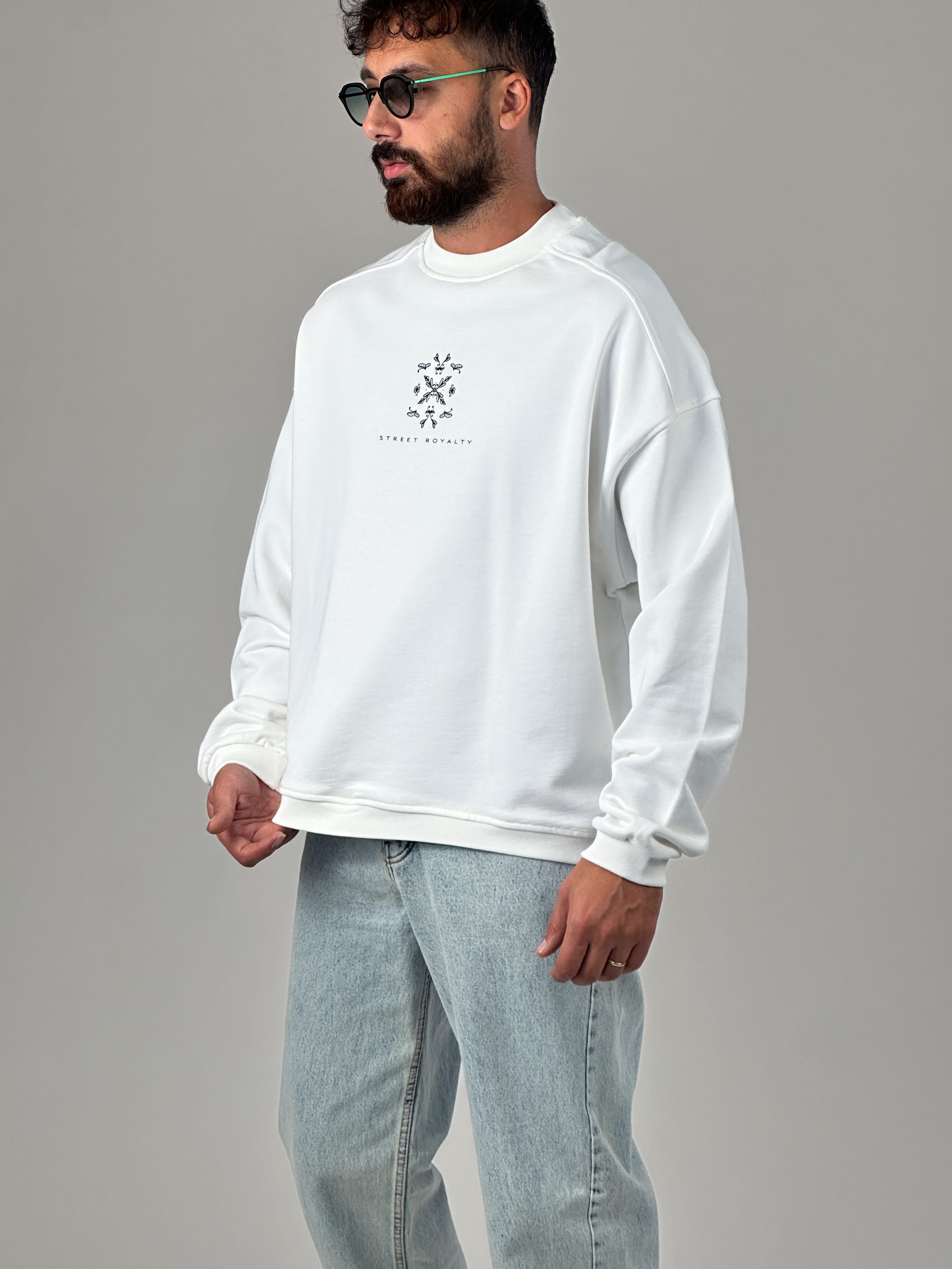 Etnik Desenli Tasarım Erkek Beyaz Sweatshirt