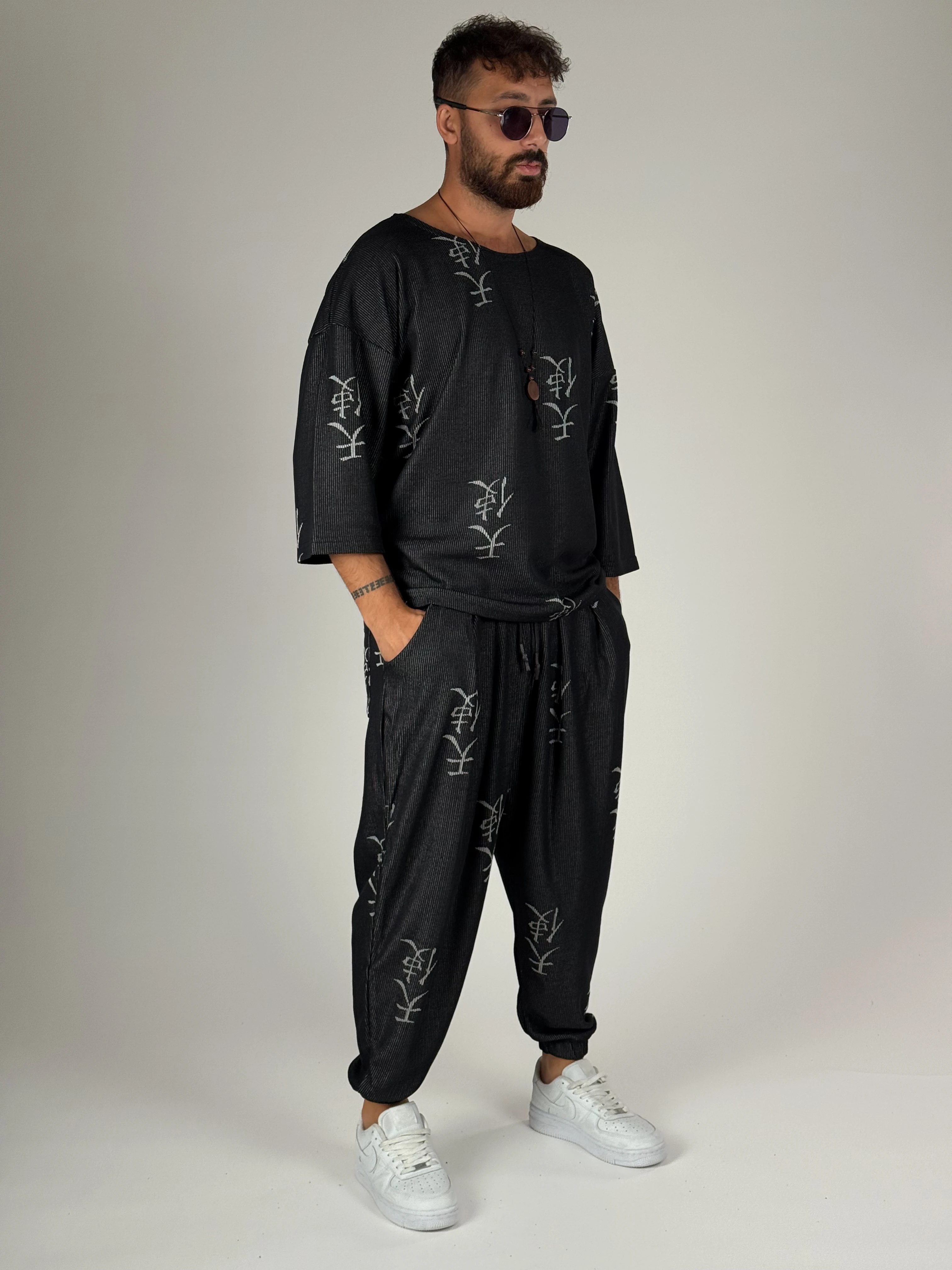 Erkek Chinese Desenli Fakir Kol Oversize T-Shirt COC2566