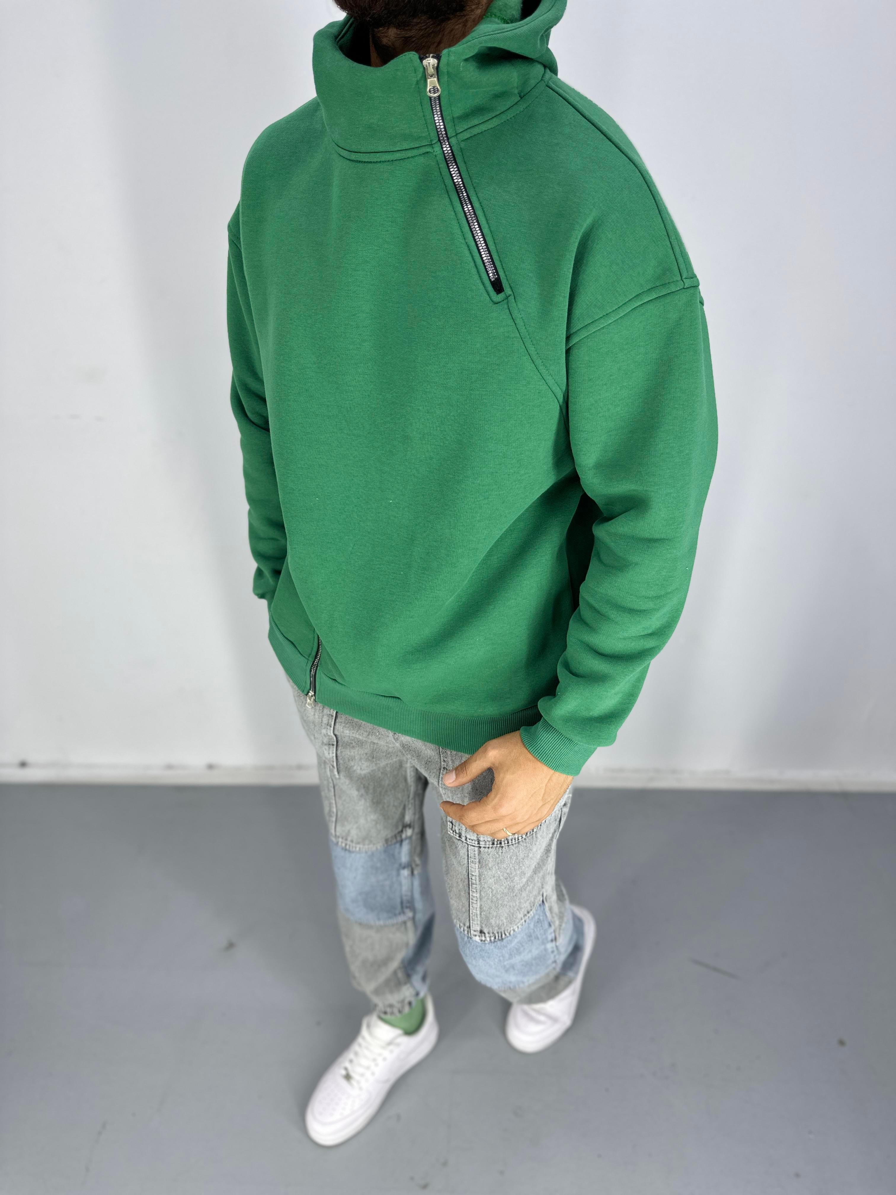 Erkek Üç İplik Şardonlu Fermuarlı Yeşil Hoodie
