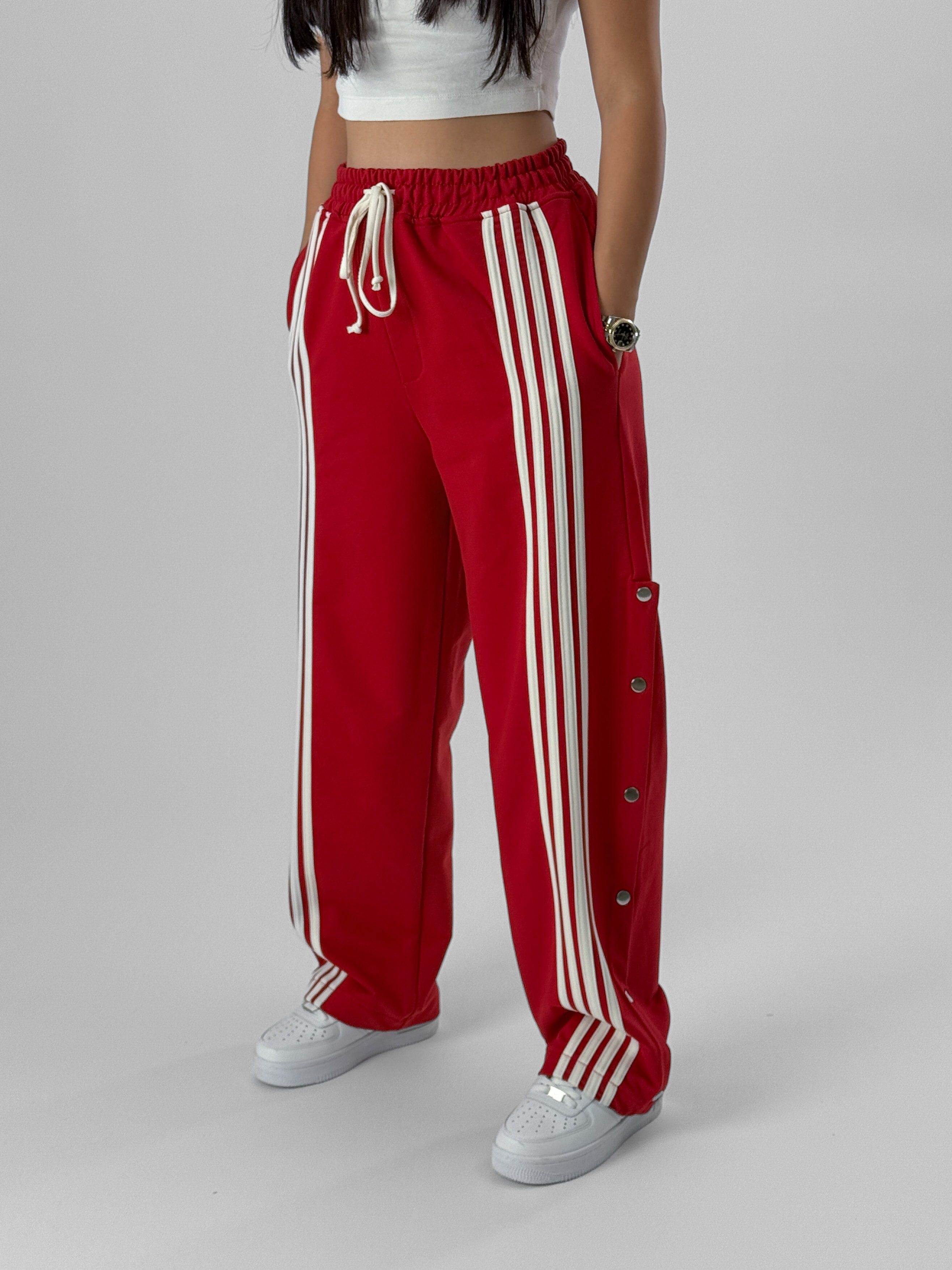 Kadın Şeritli Kırmızı Baggy Pantolon