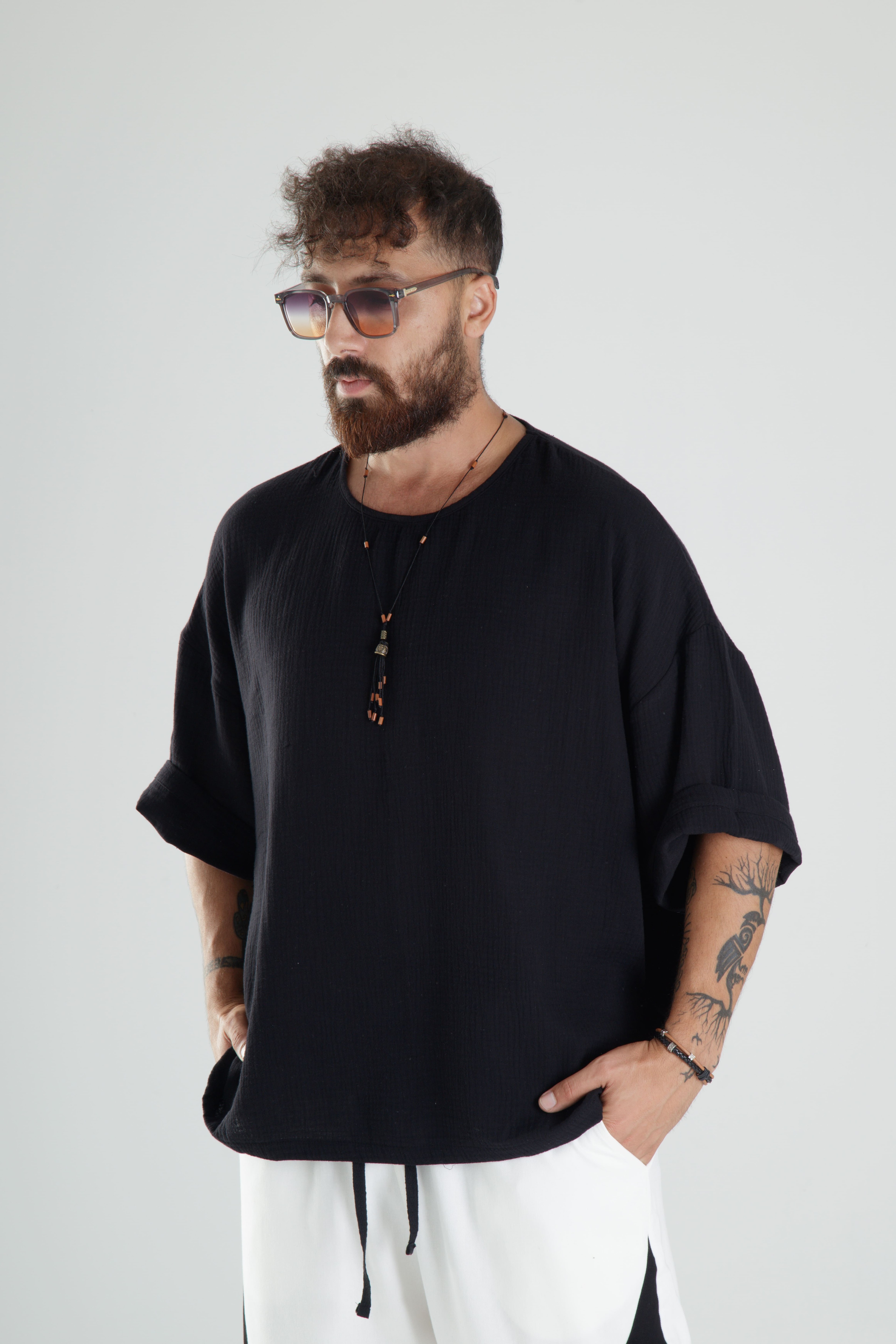 Siyah Müslin Kumaş Oversize Fakir Kol T-Shirt