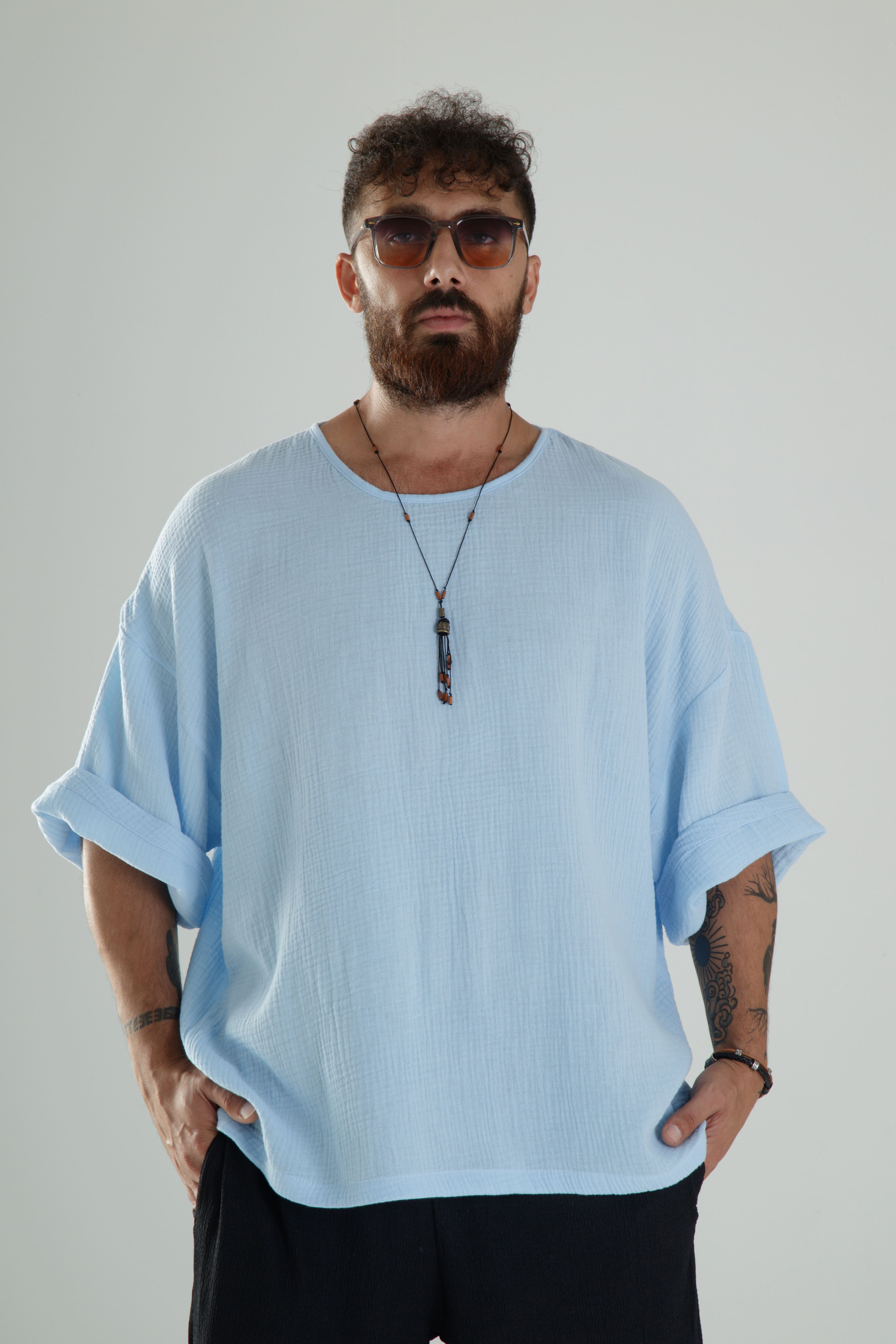 Mavi Müslin Kumaş Oversize Fakir Kol T-Shirt