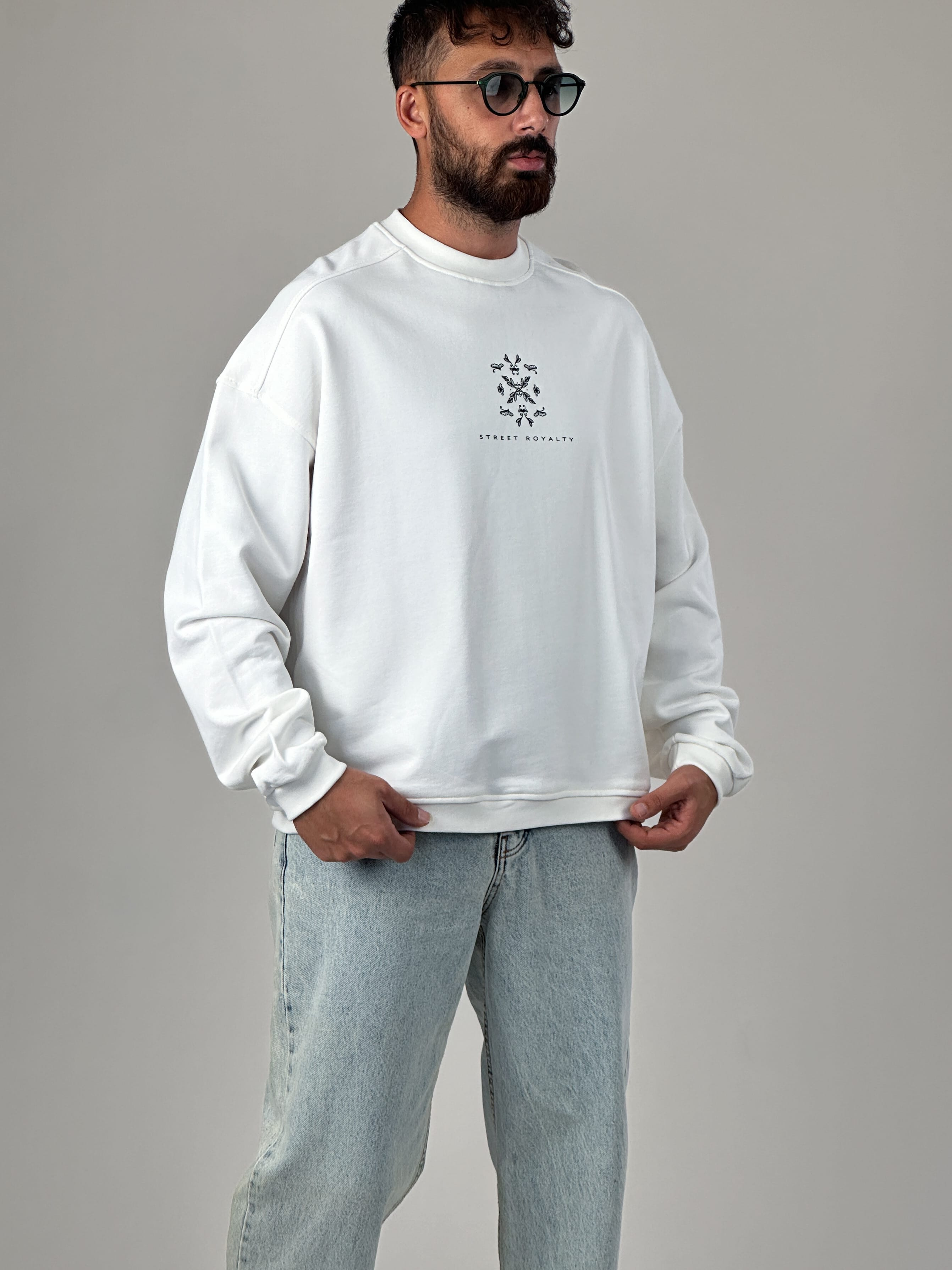 Etnik Desenli Tasarım Erkek Beyaz Sweatshirt