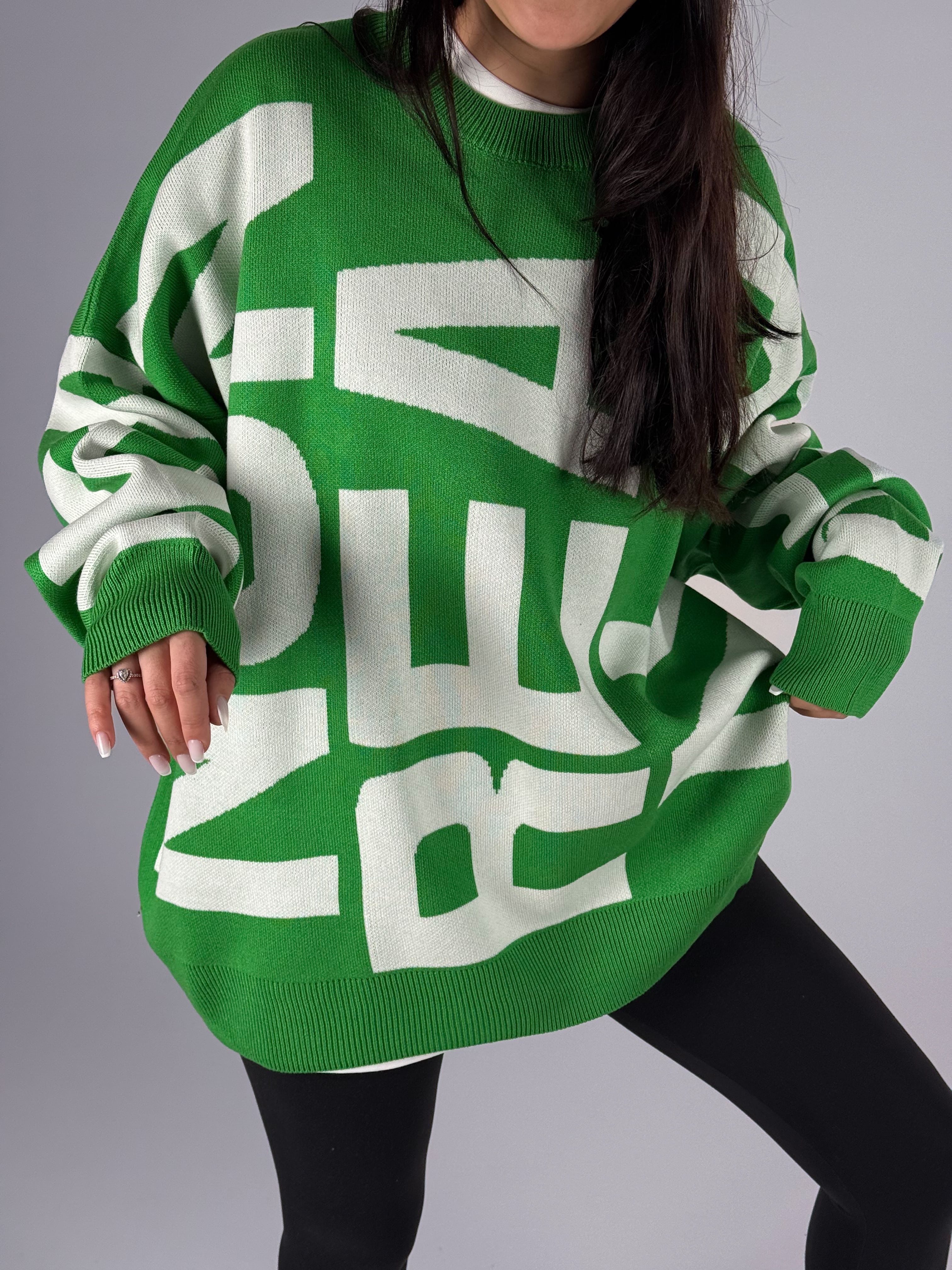 Bold Print Oversize Kadın Yeşil Sweat