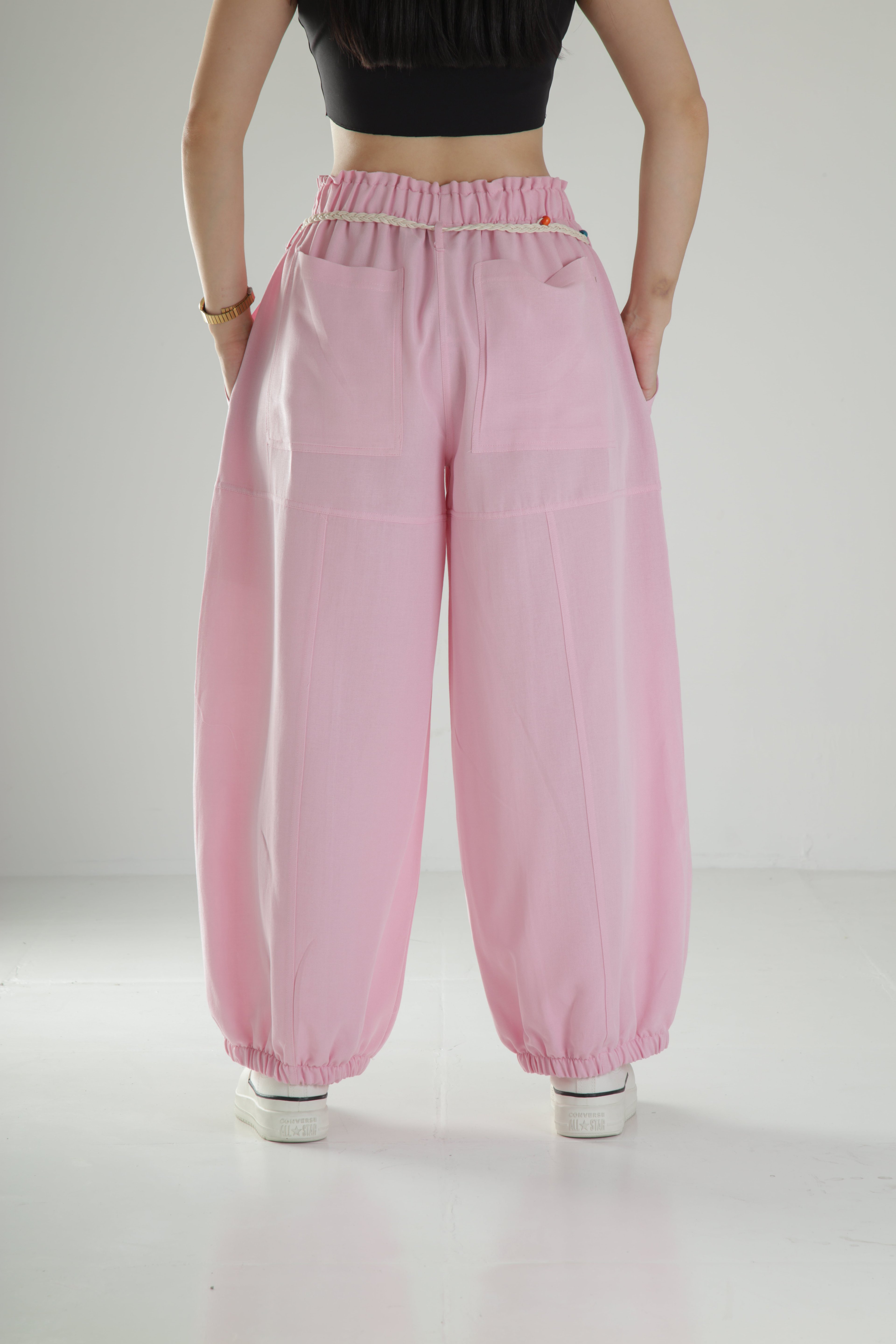 Tasarım Keten Pembe Baggy Pantolon