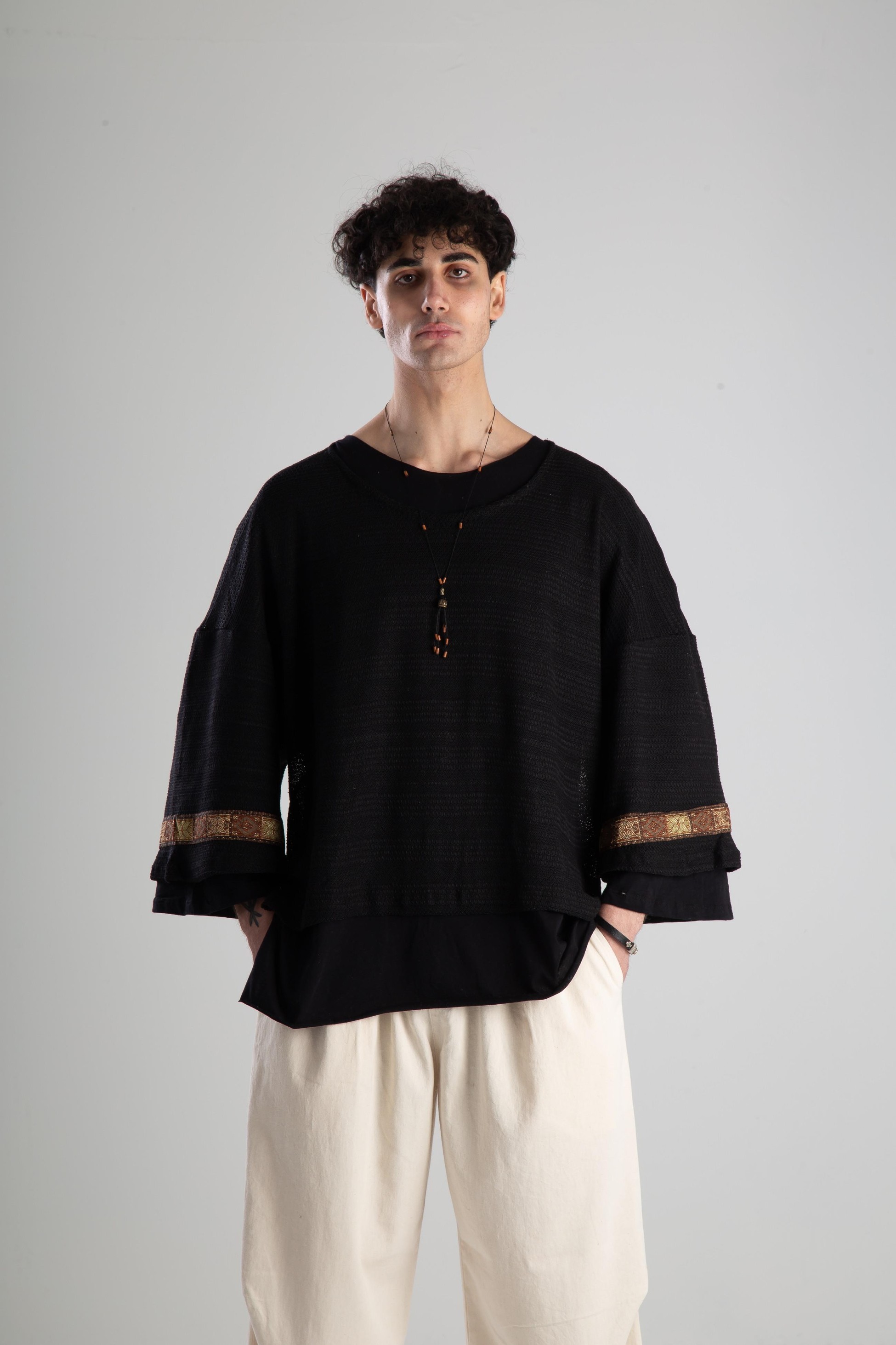 Kendinen T-Shirt Fakir Kol Siyah Örme Triko