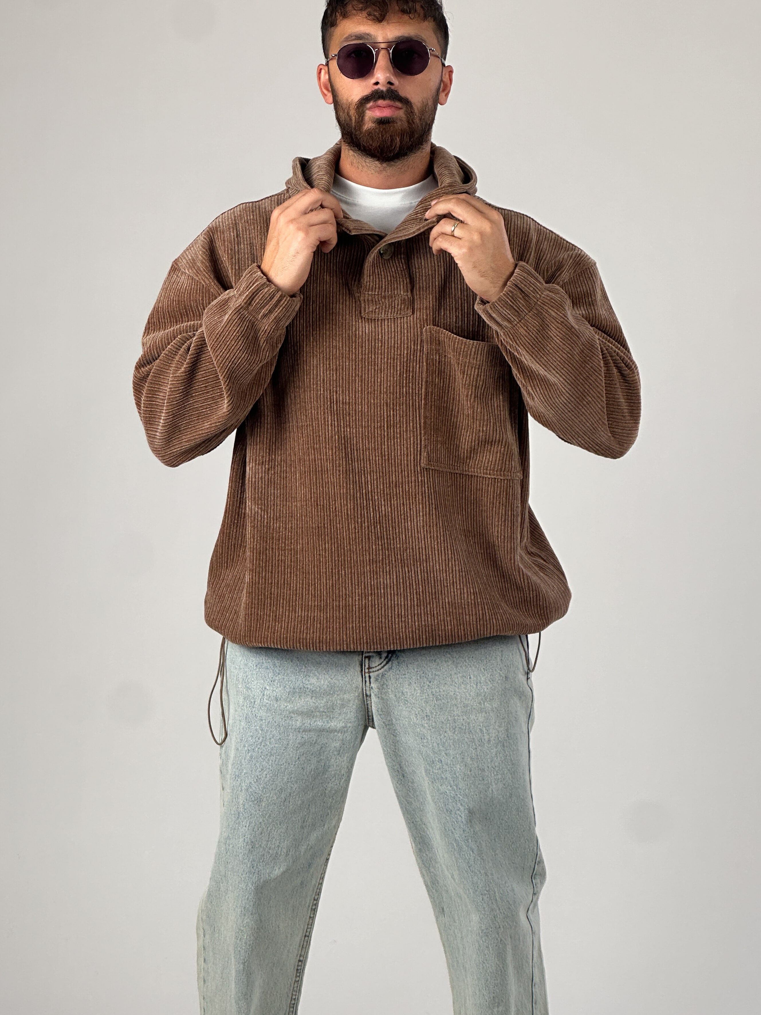 Kadife Dokulu Kahve Oversize Kapüşonlu Erkek Sweatshirt