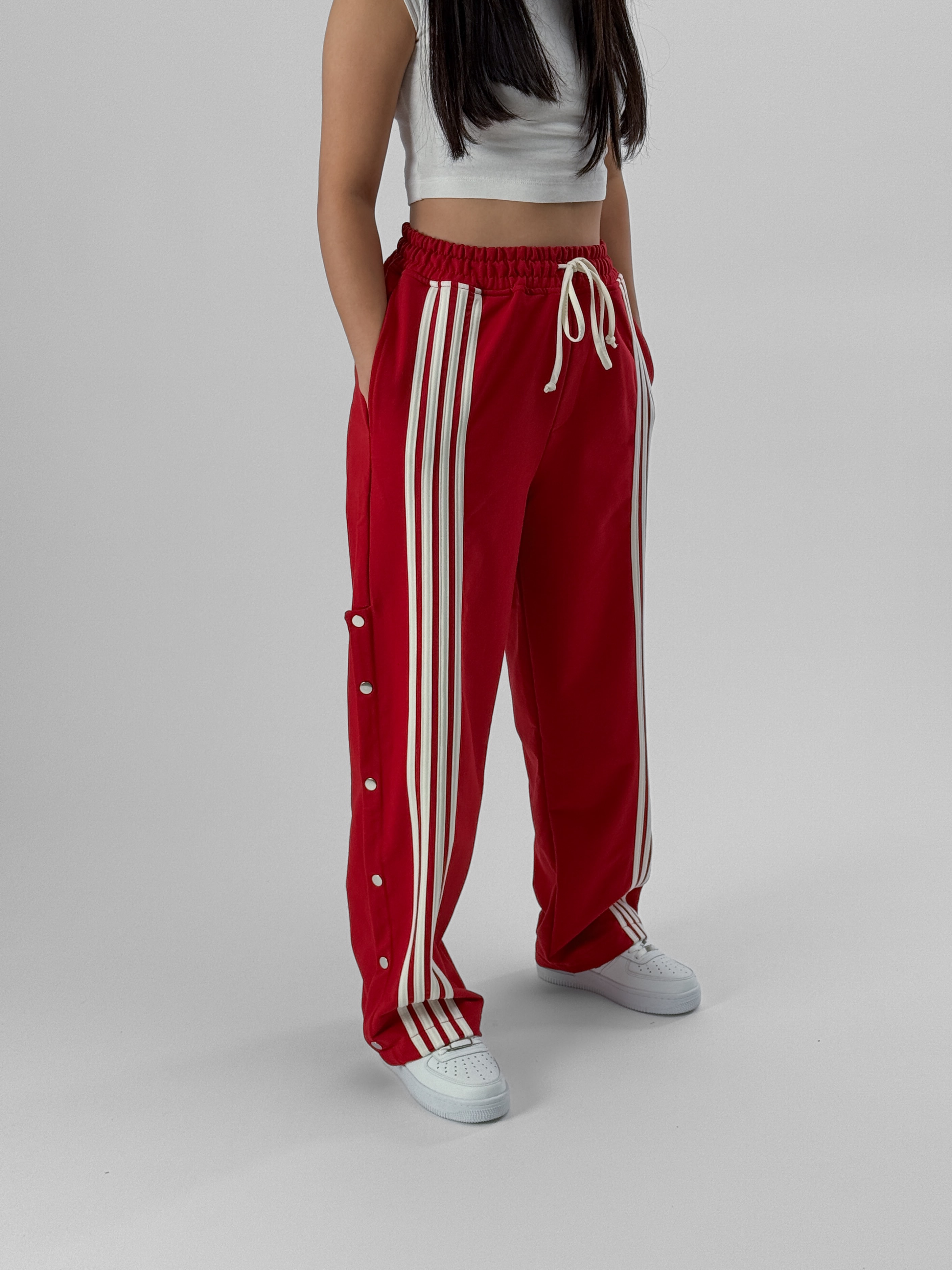 Kadın Şeritli Kırmızı Baggy Pantolon