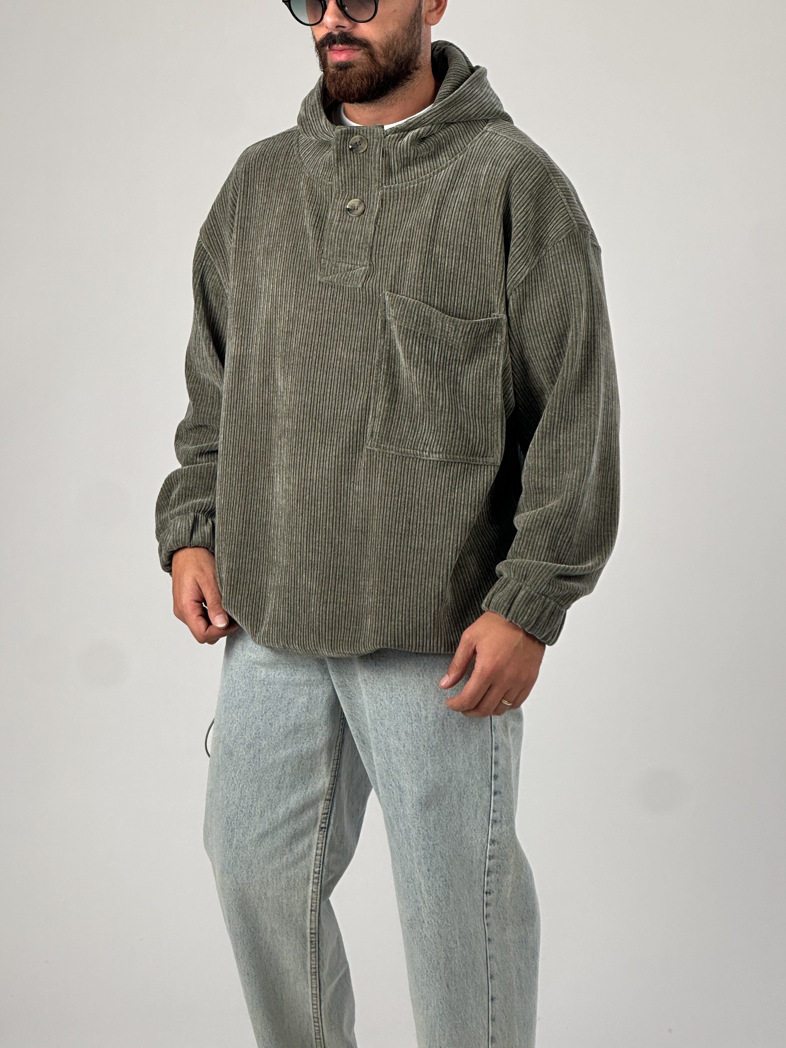 Kadife Dokulu Haki Oversize Kapüşonlu Erkek Sweatshirt