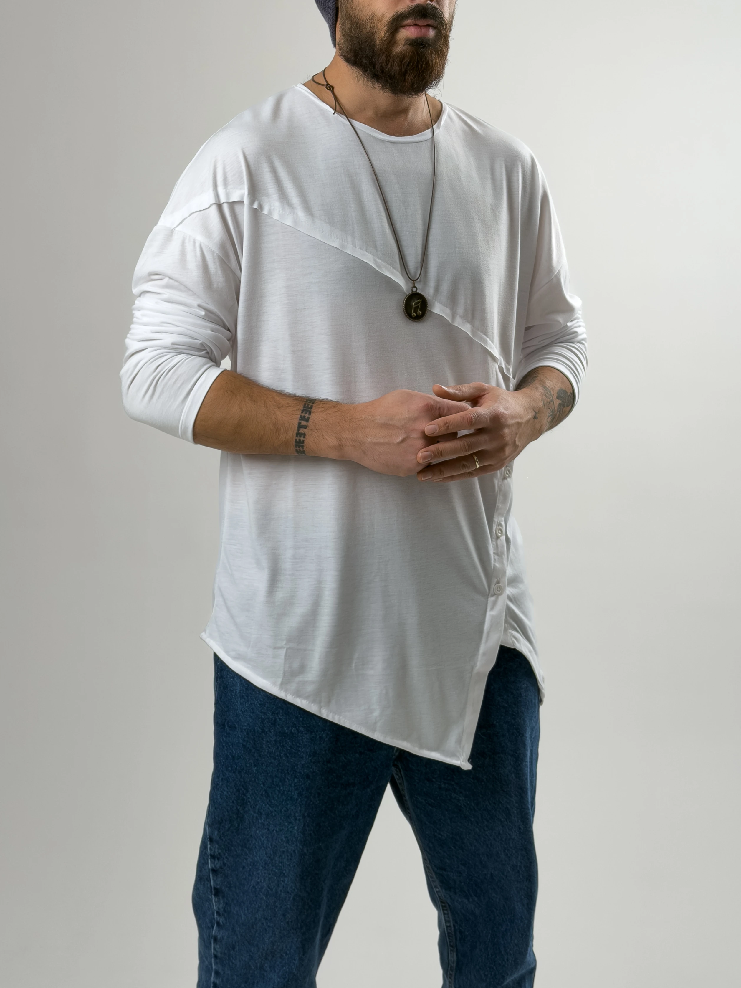 Tasarım Düğme Detaylı Beyaz Erkek Sweat COC2633