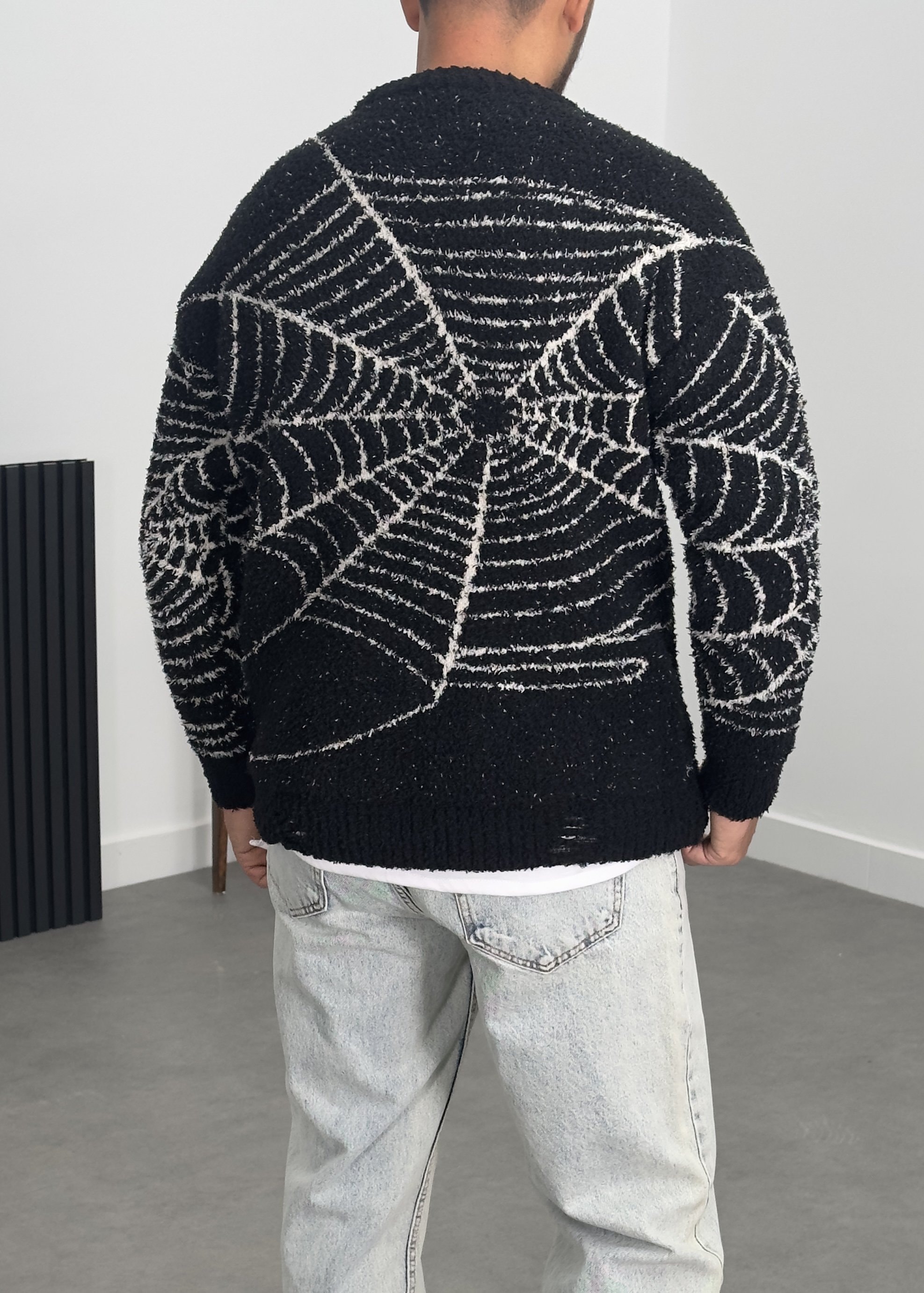 Örümcek Ağı Desenli Siyah Erkek Peluş Sweatshirt