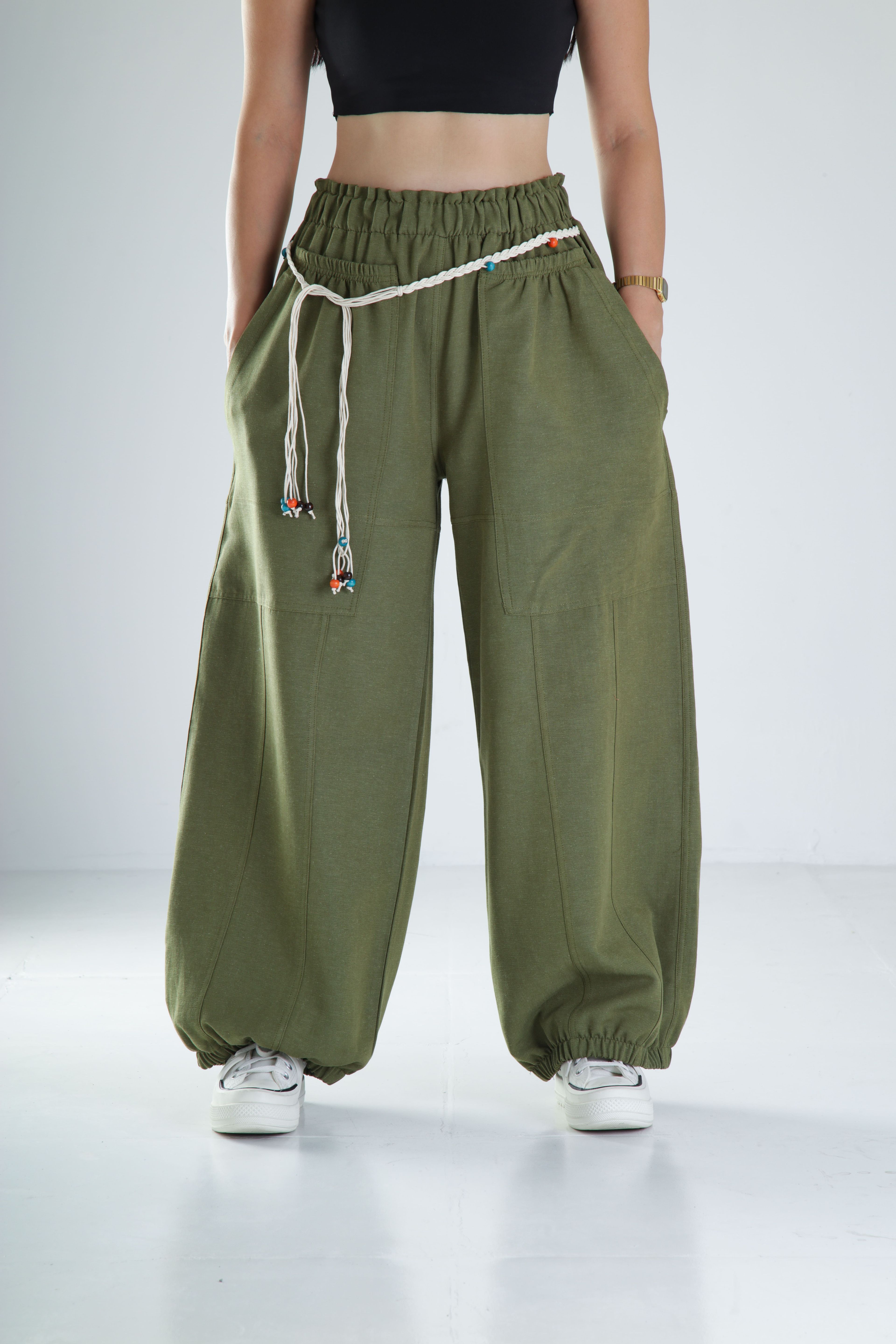 Tasarım Keten Haki Baggy Pantolon