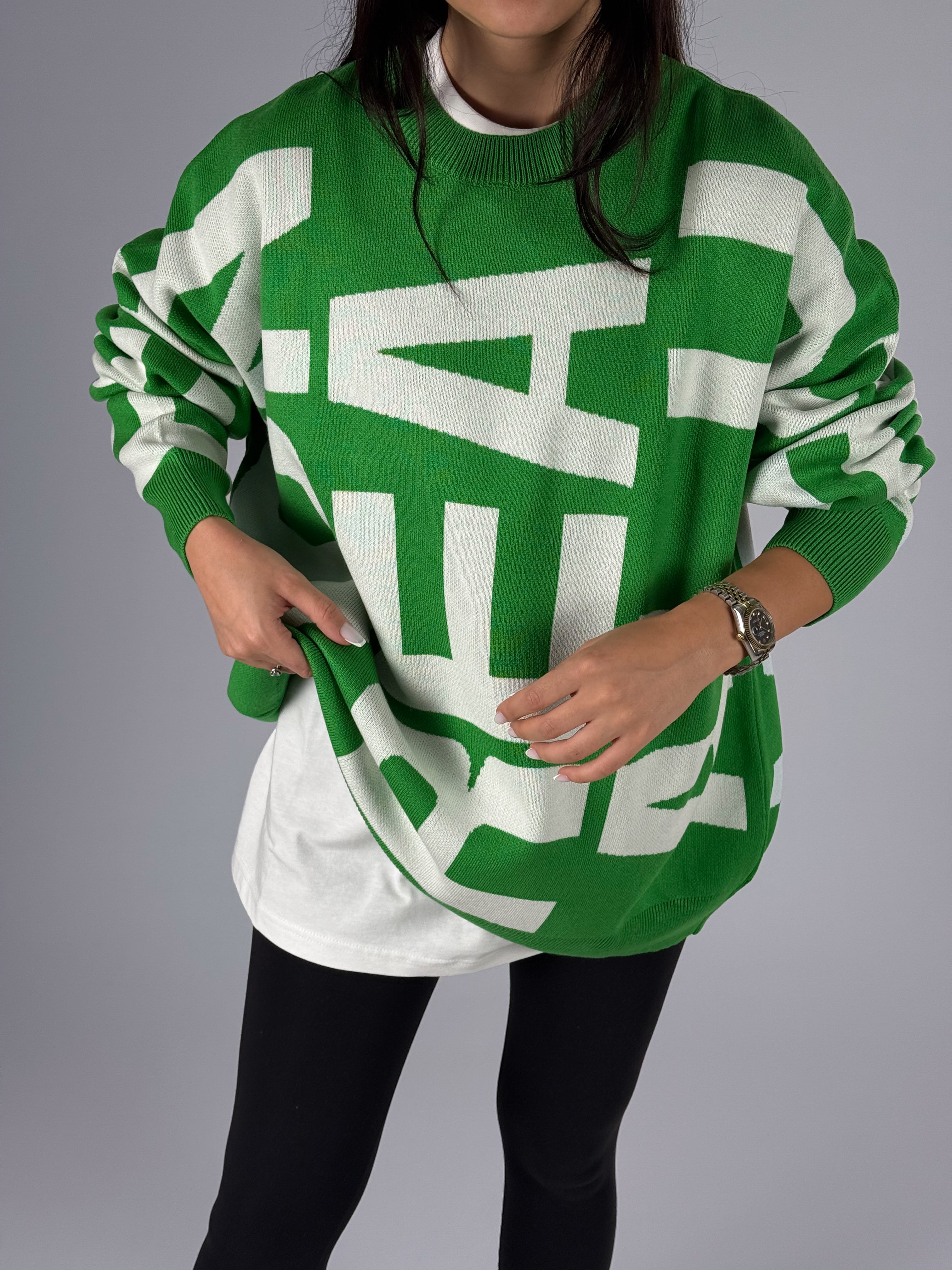 Bold Print Oversize Kadın Yeşil Sweat
