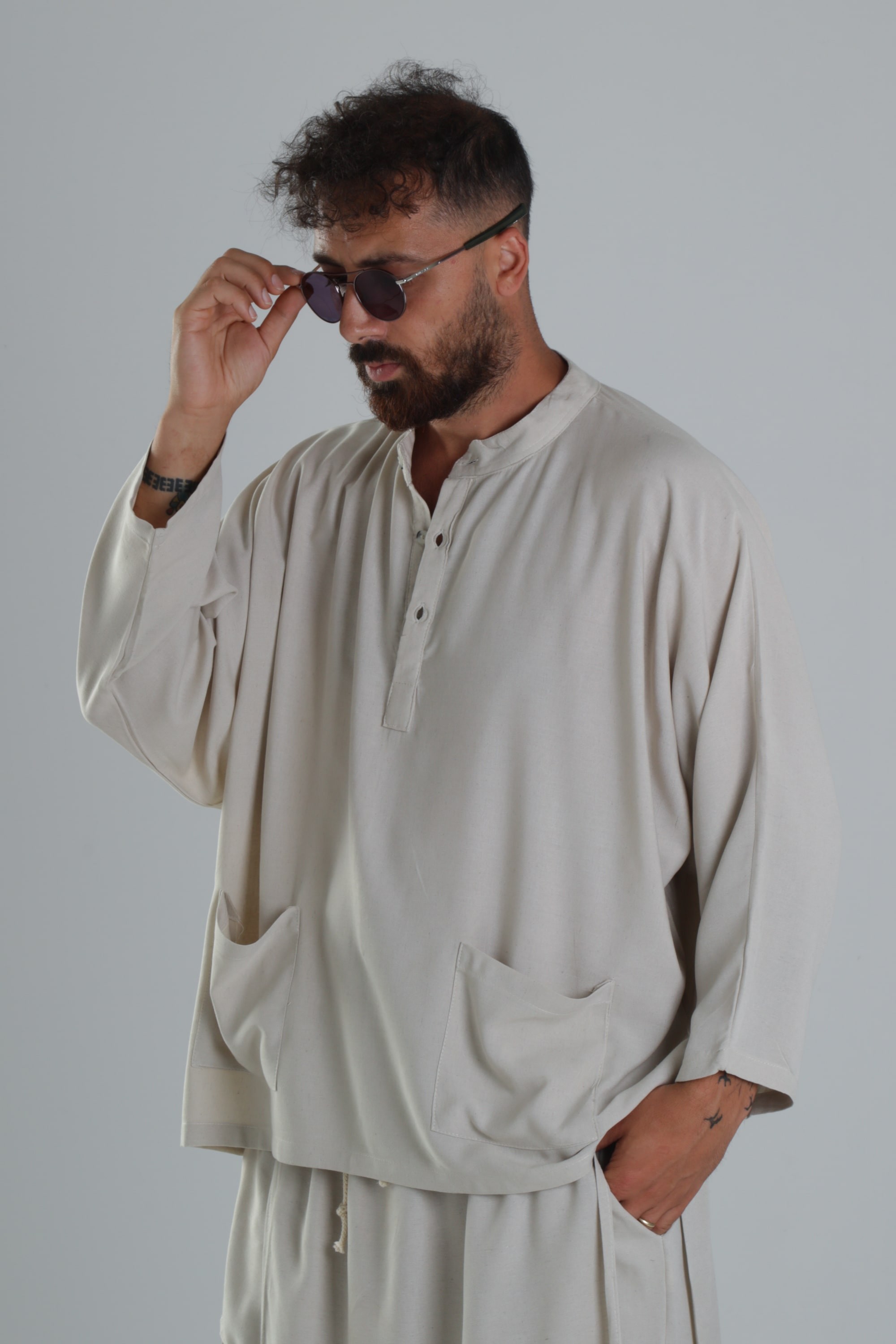 Keten Kumaş Oversize Bej Tasarım T-Shirt