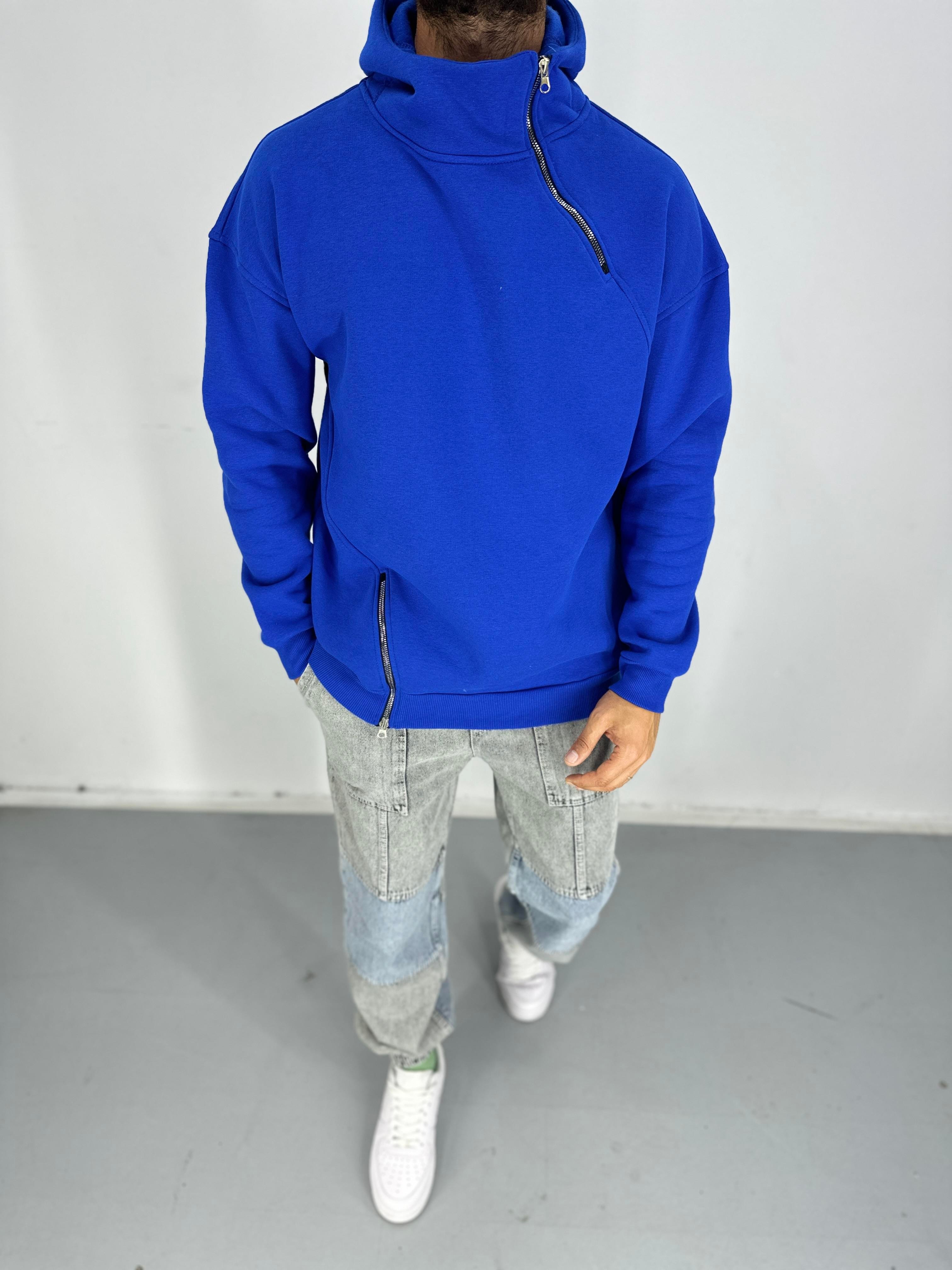 Erkek Üç İplik Şardonlu Fermuarlı Mavi Hoodie