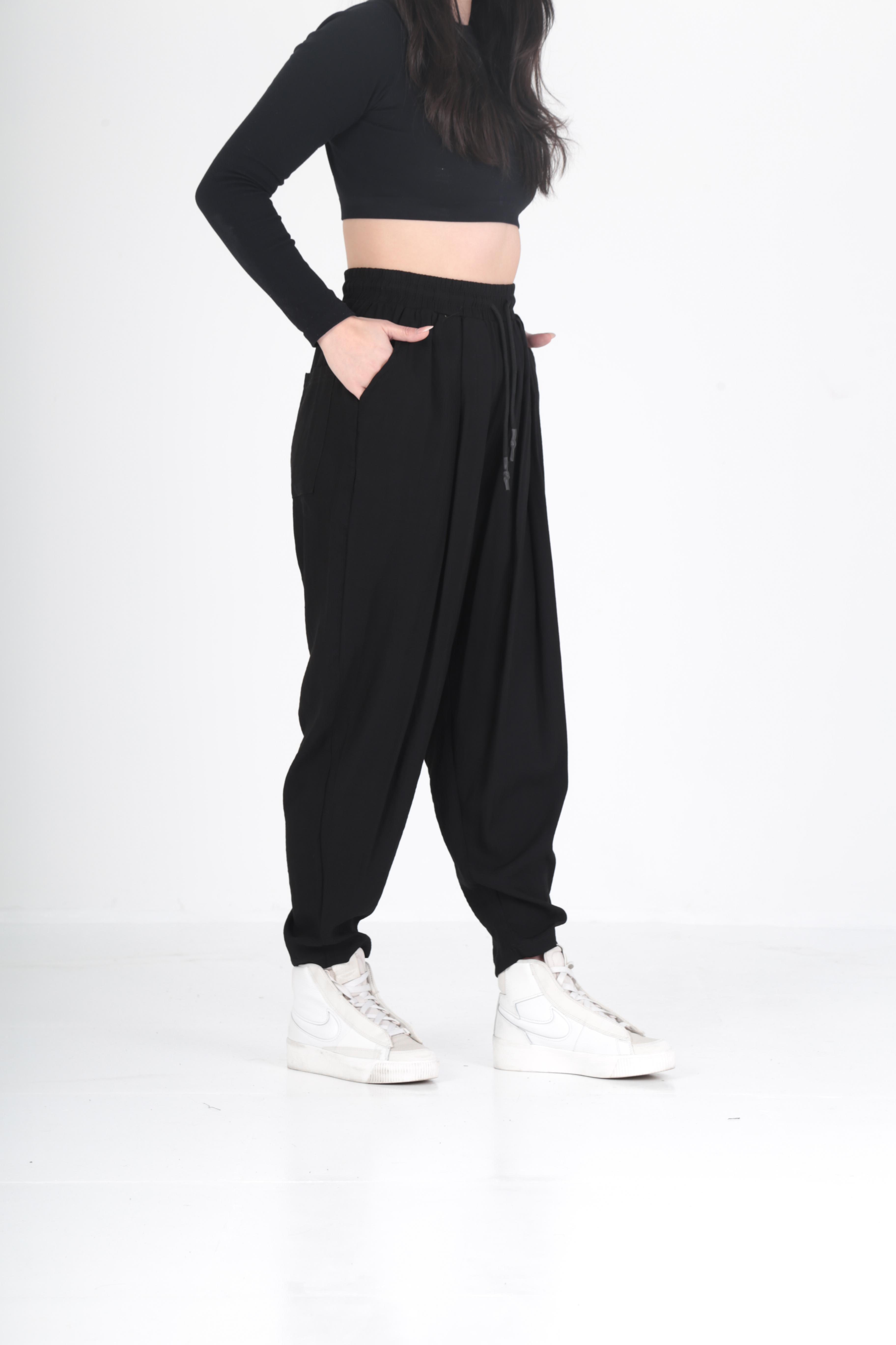 Bürümcük Kumaş Siyah Pileli Jogger Pantolon
