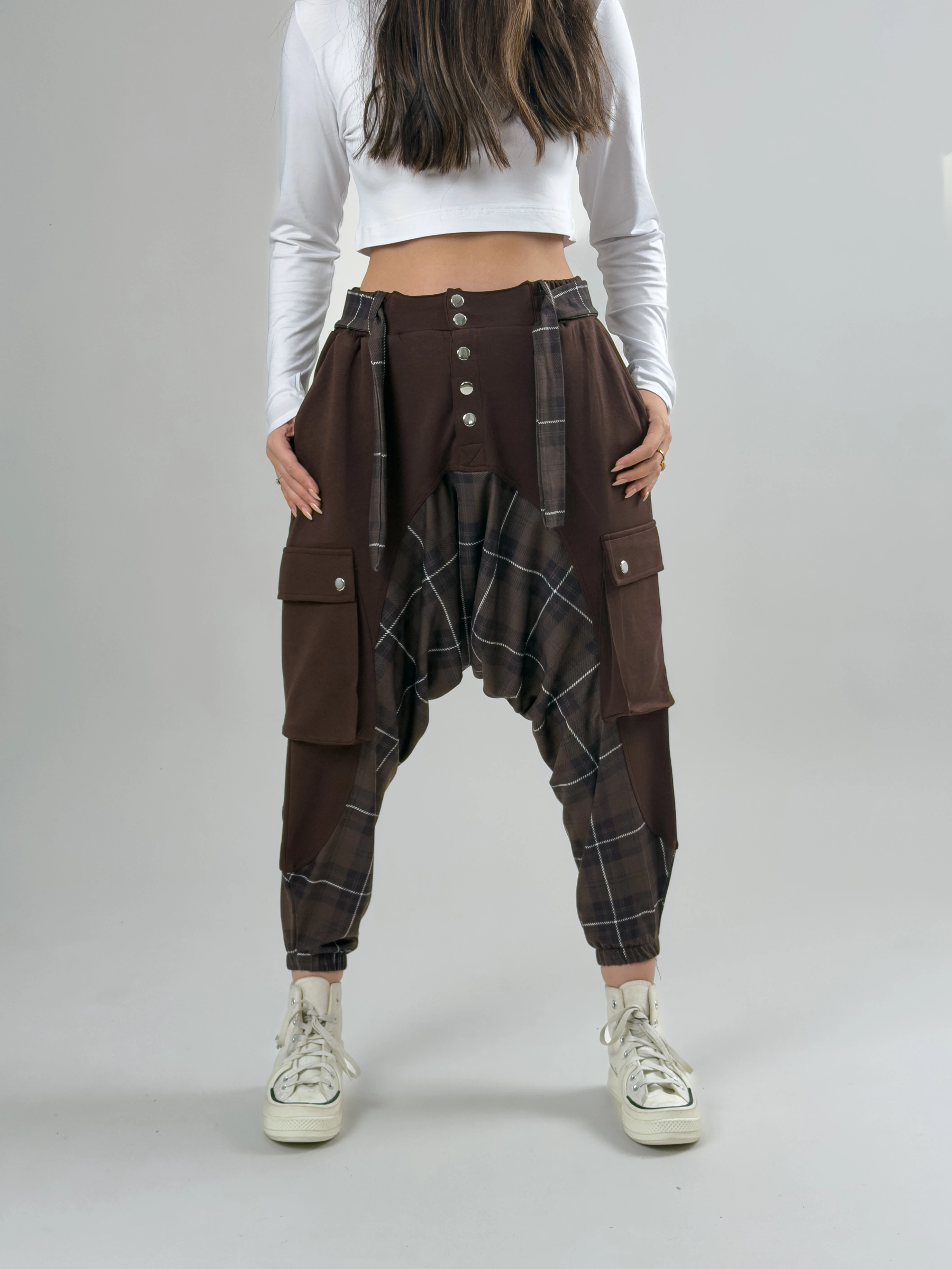 Garni Tasarım Kadın Kahve Ekose Desenli Spor Şalvar COC2618