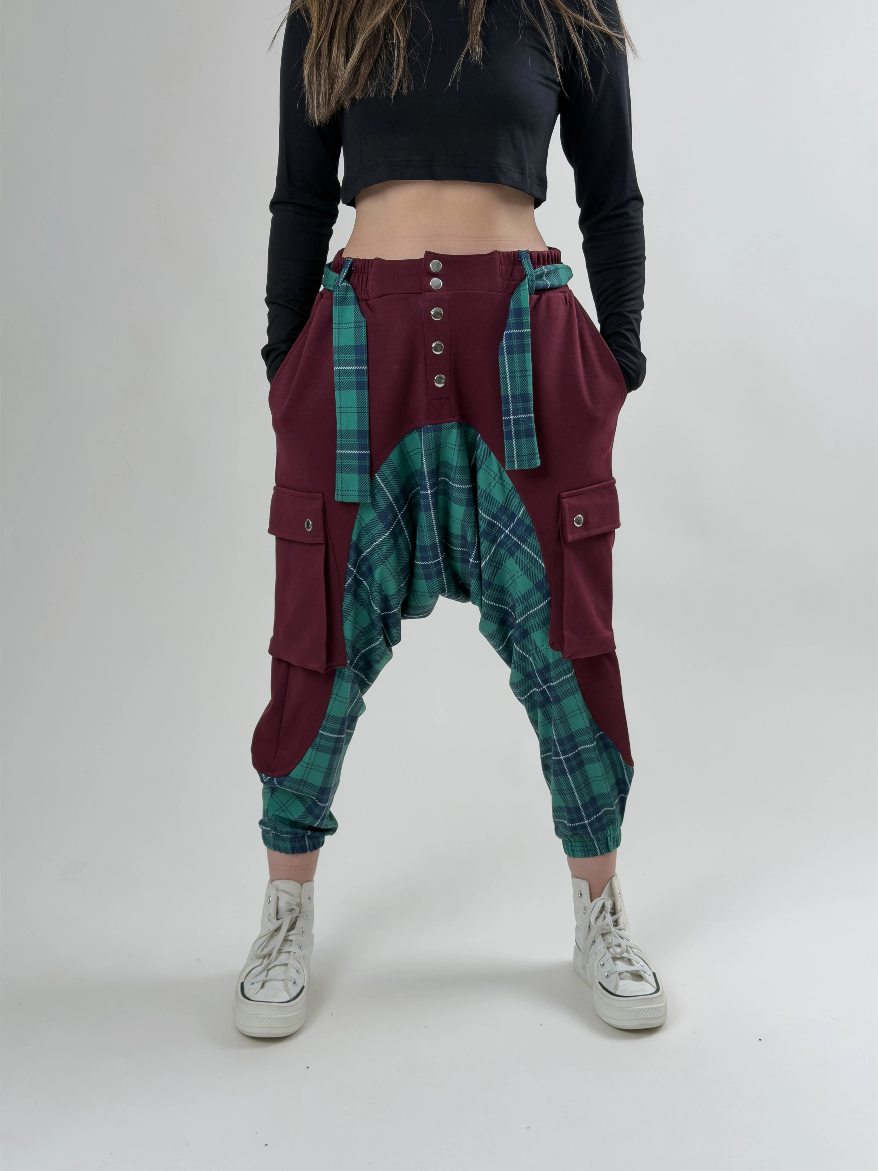 Garni Tasarım Kadın Bordo Ekose Desenli Spor Şalvar COC2620