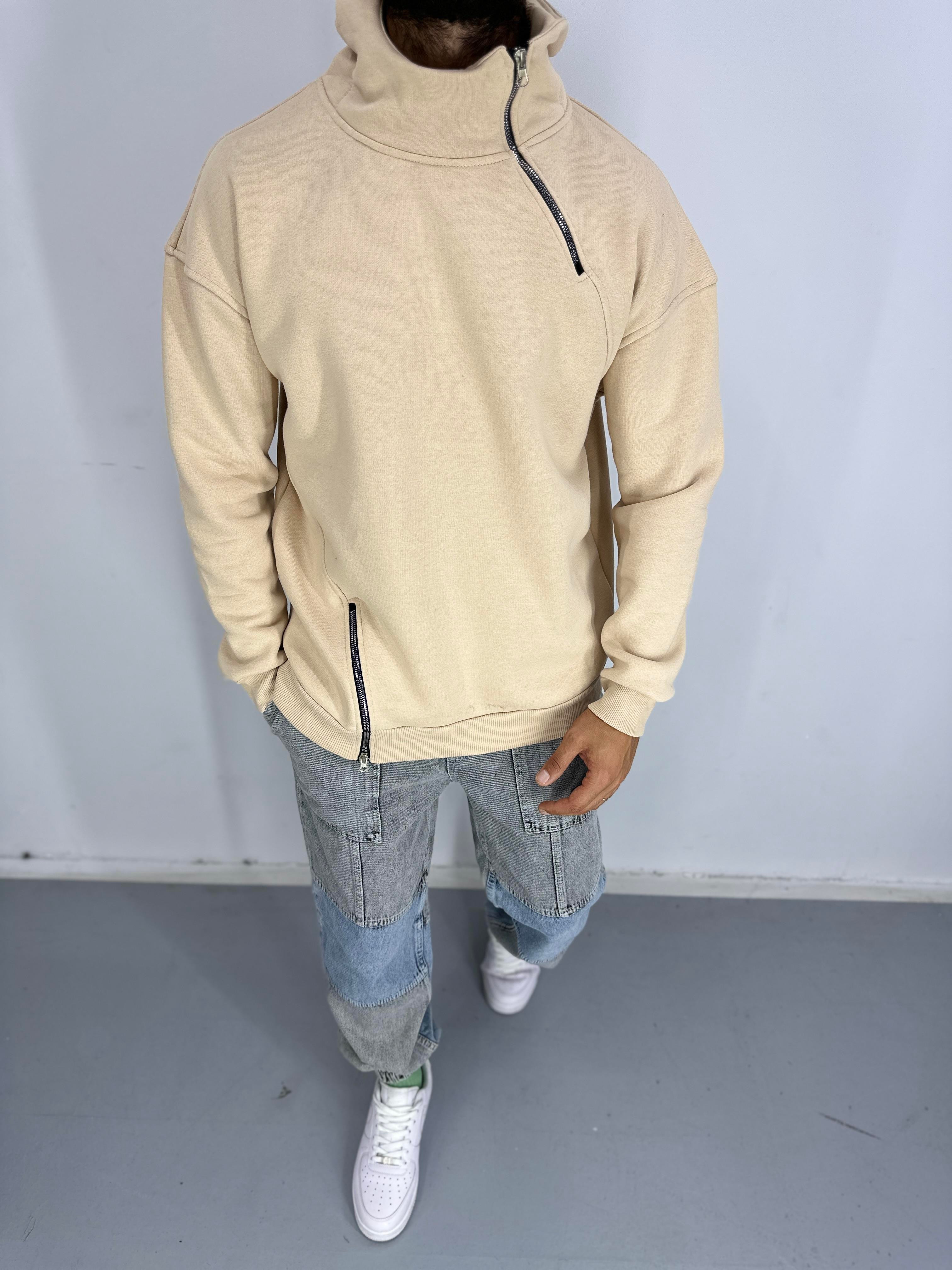 Erkek Üç İplik Şardonlu Fermuarlı Krem Hoodie