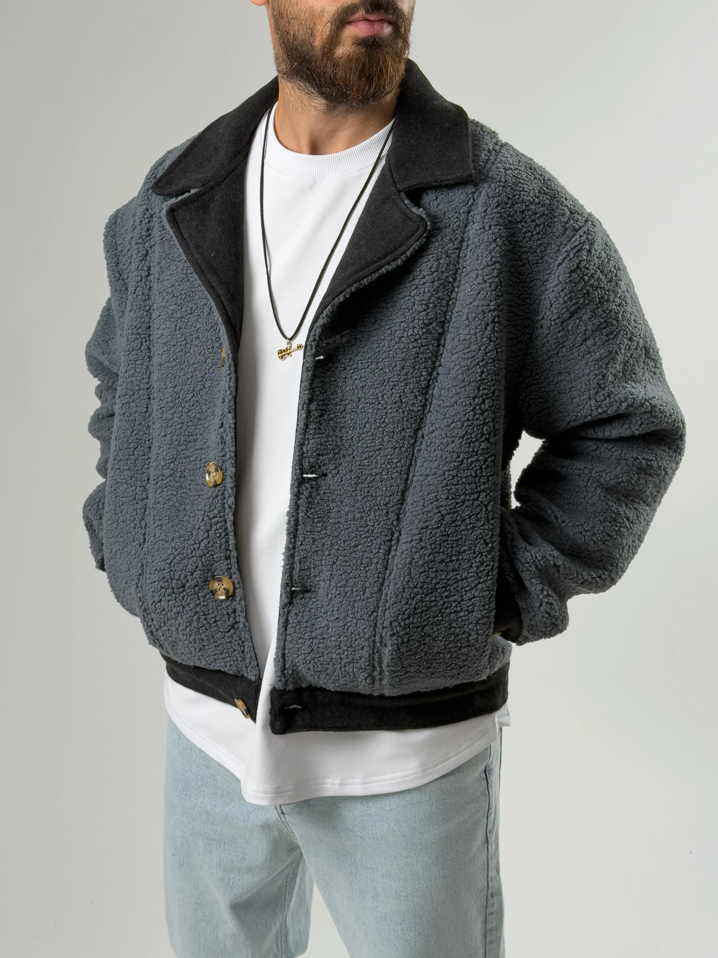 Erkek Kaşe Detaylı İndigo Peluş Hırka COC2577