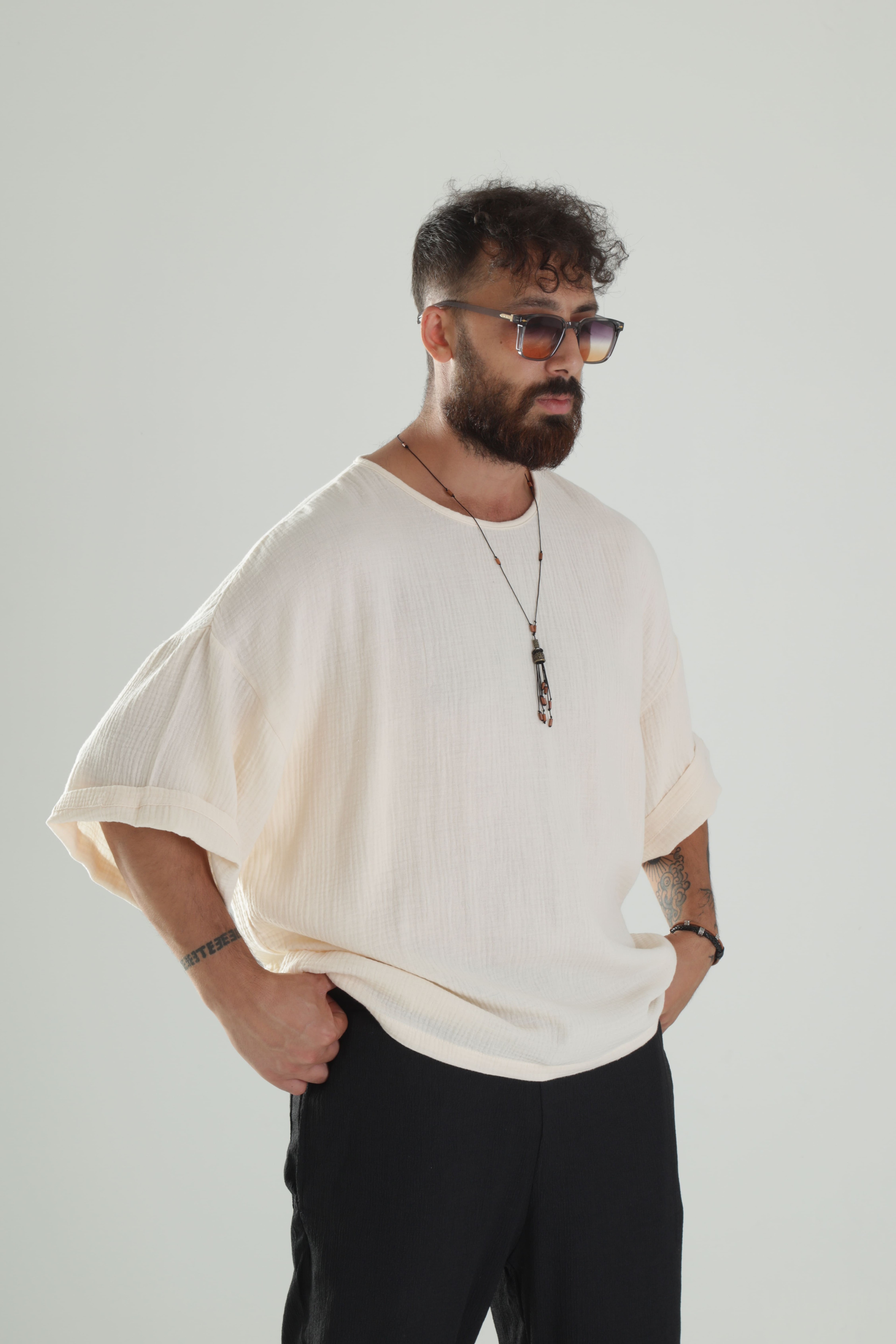 Bej Müslin Kumaş Oversize Fakir Kol T-Shirt