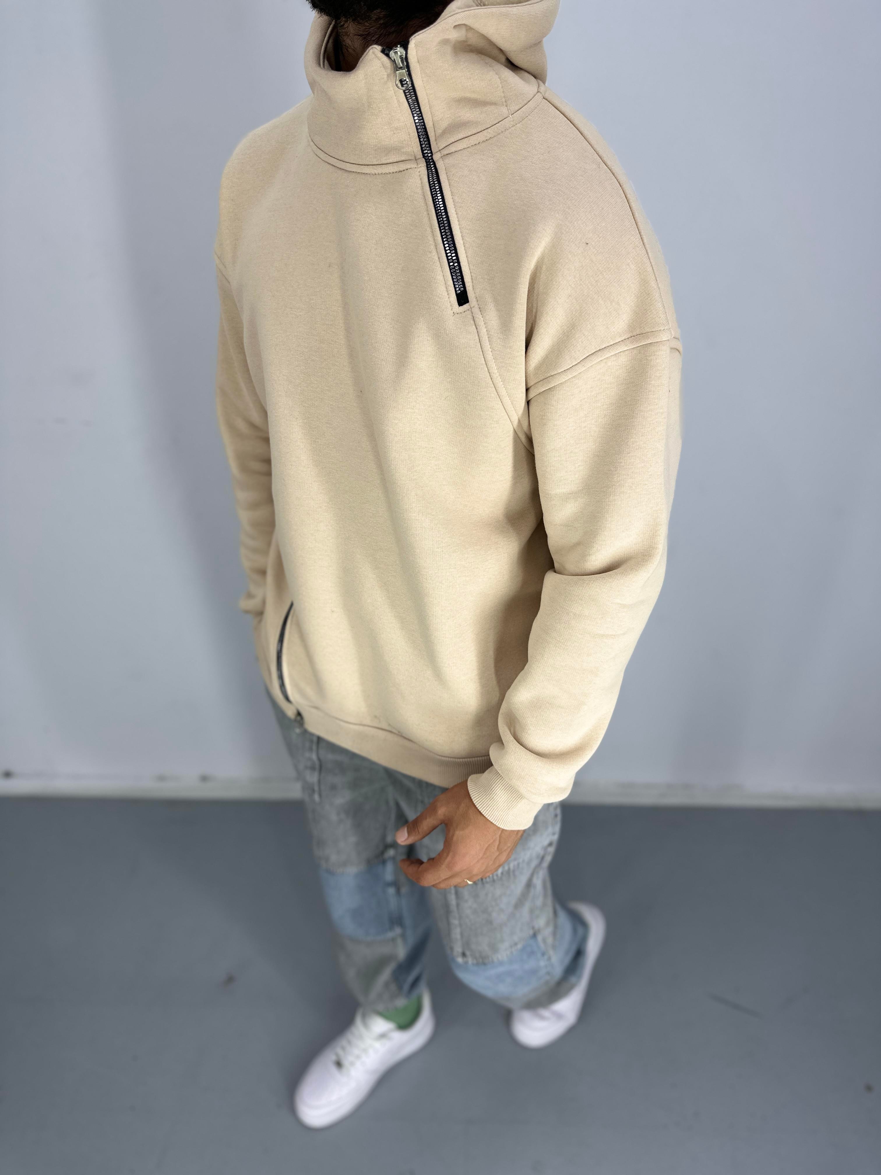 Erkek Üç İplik Şardonlu Fermuarlı Krem Hoodie