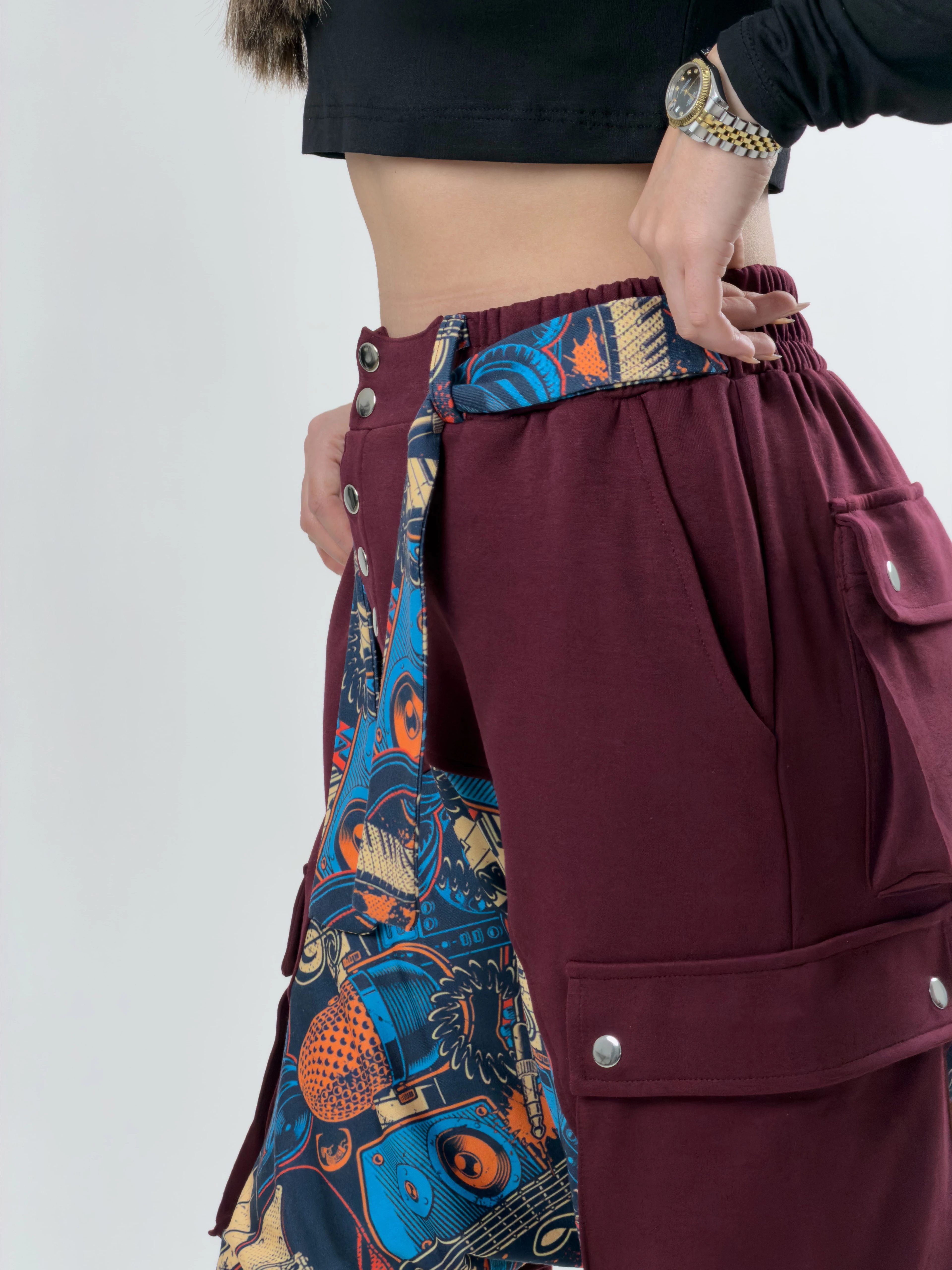 Garni Tasarım Kadın Bordo Müzik Desenli Spor Şalvar COC2621