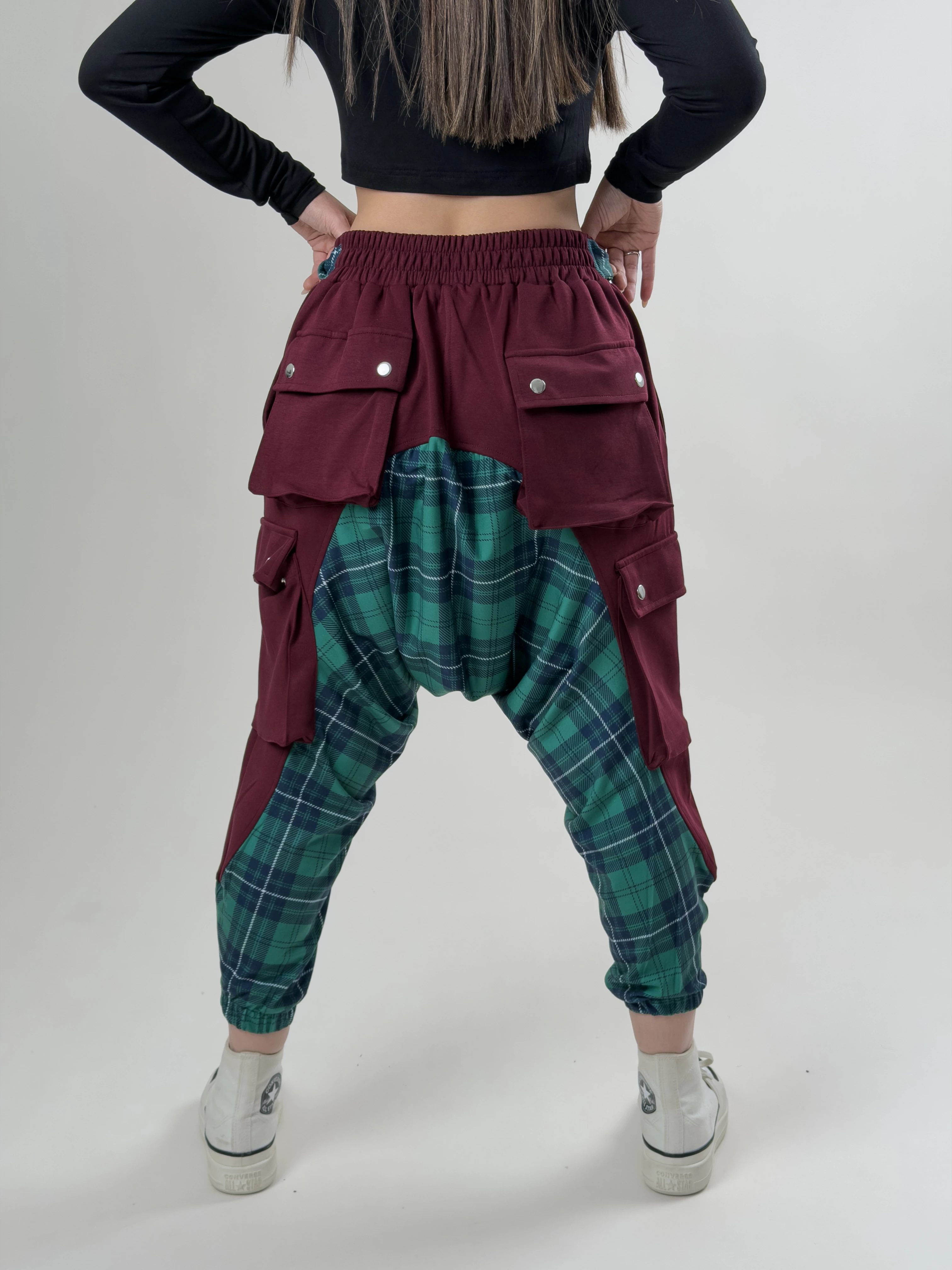 Garni Tasarım Kadın Bordo Ekose Desenli Spor Şalvar COC2620