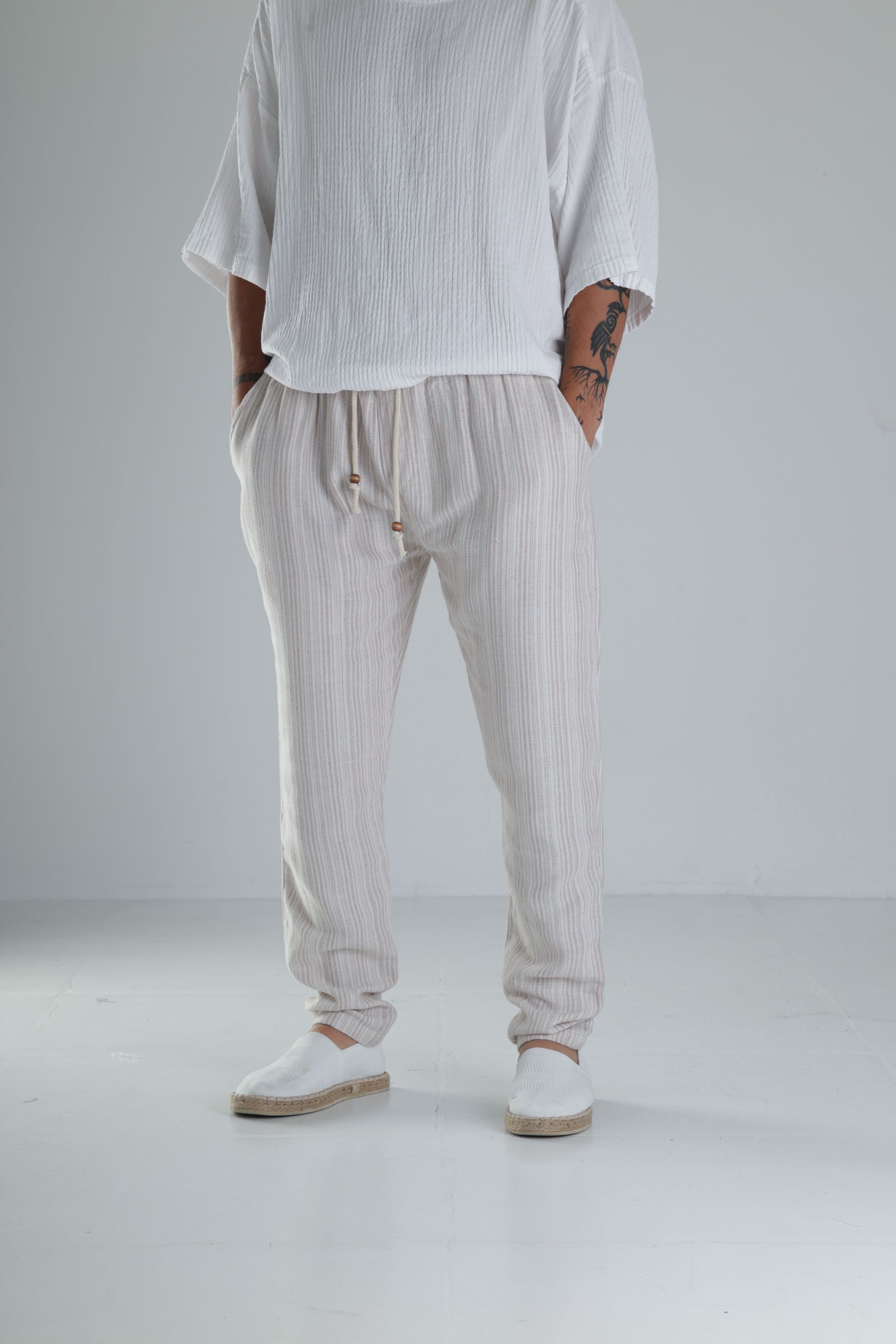 Kahve Çizgili Müslin Keten Baggy Pantolon