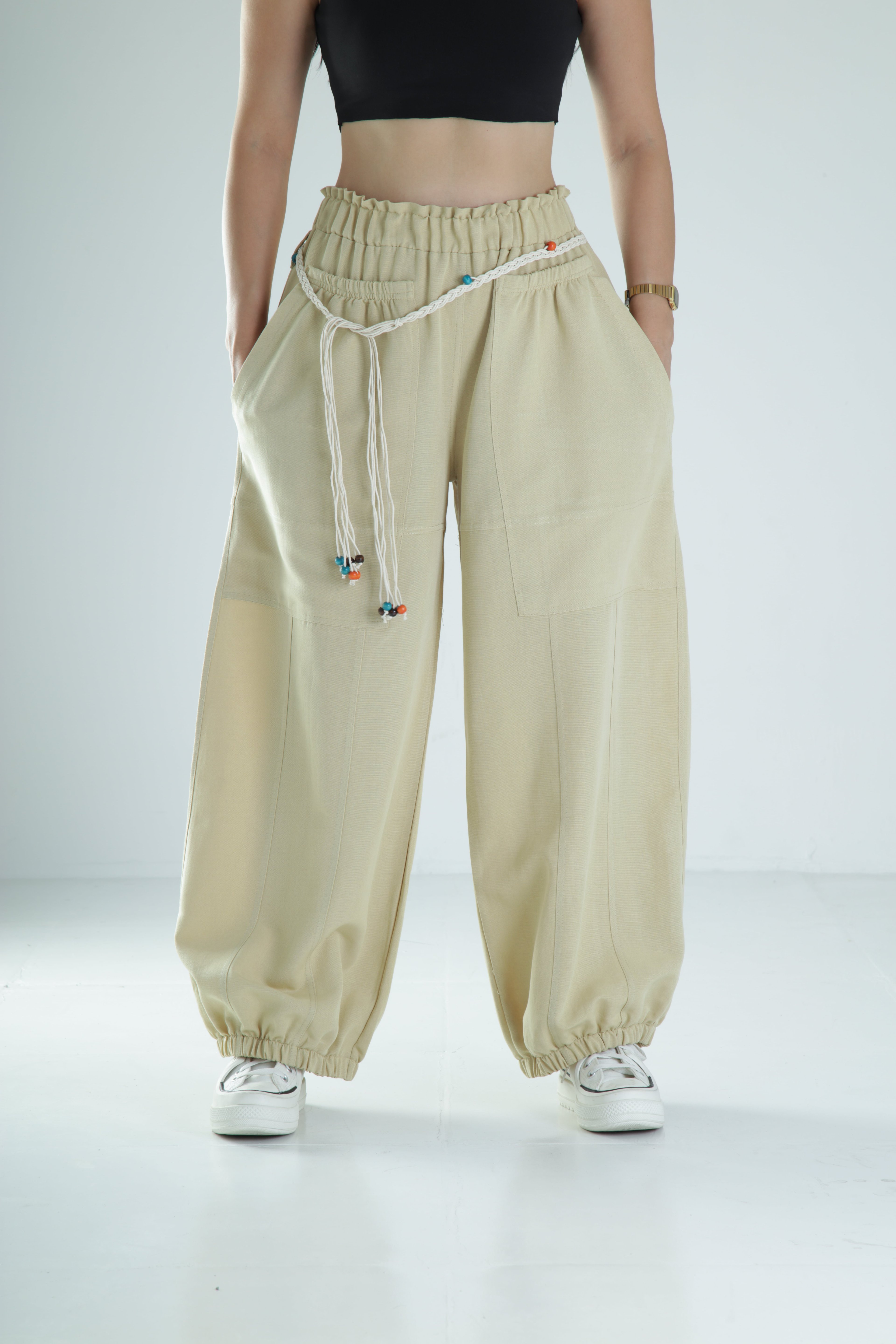 Tasarım Keten Açık Yeşil Baggy Pantolon