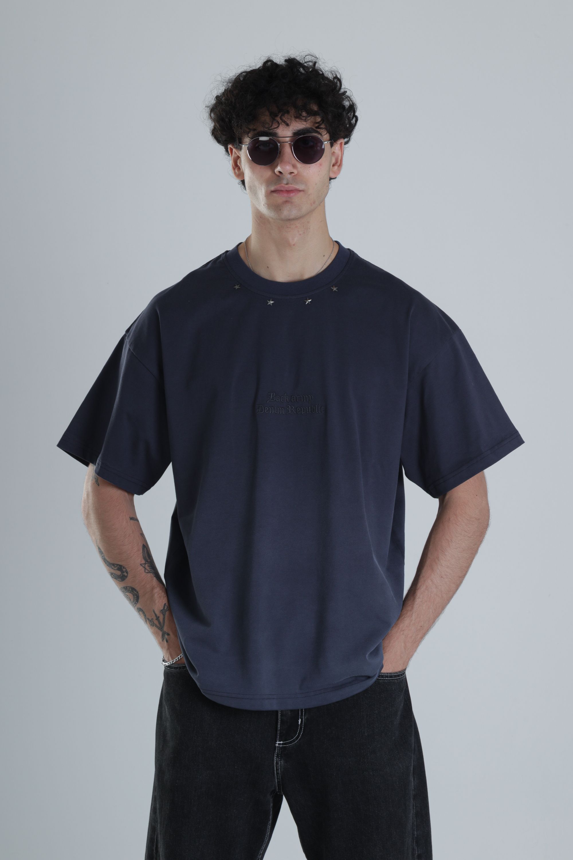 Lacivert Yıldız Detaylı Tasarım Oversize T-Shirt