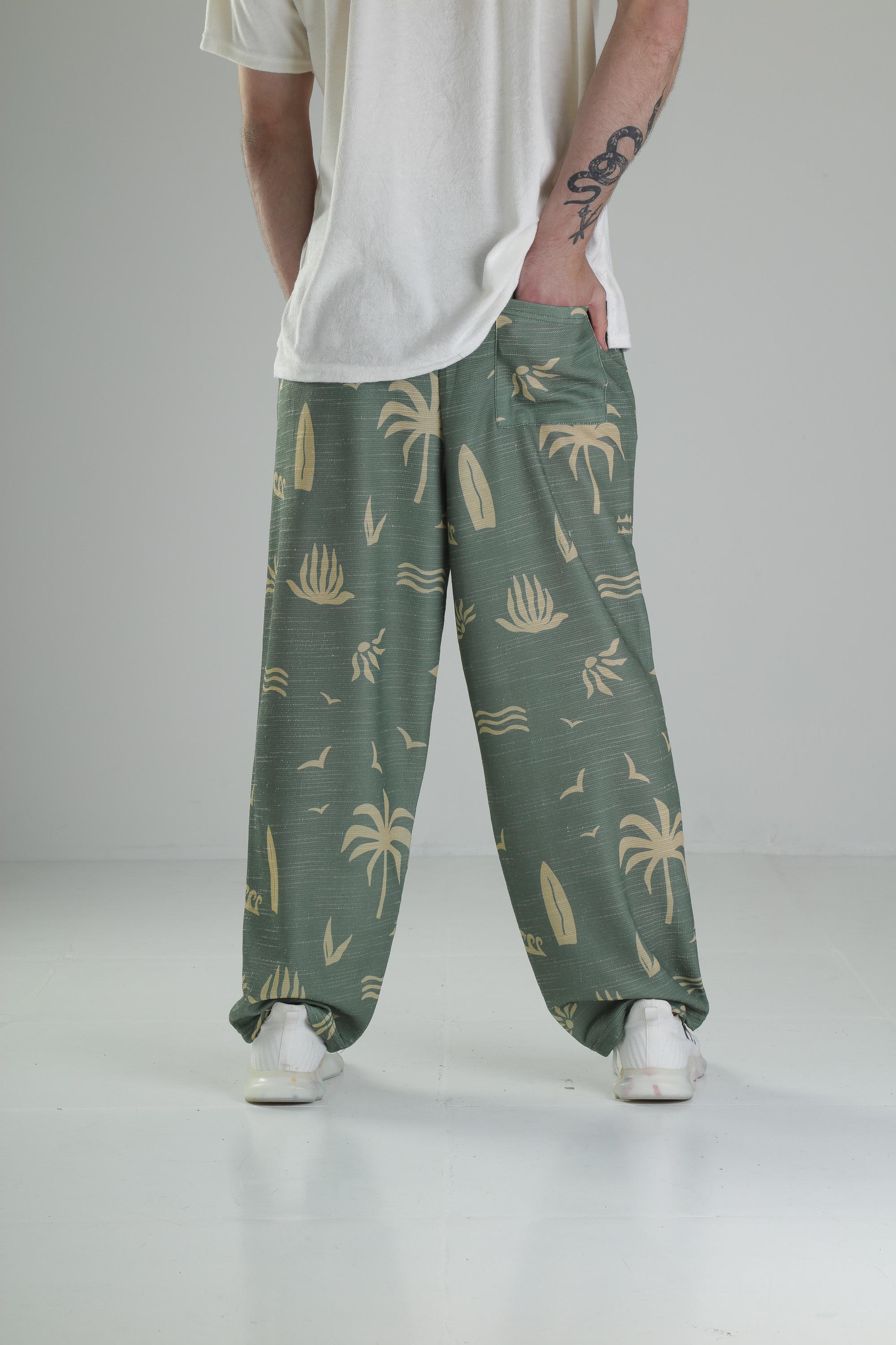Ağaç Desenli Yeşil Baggy Pantolon