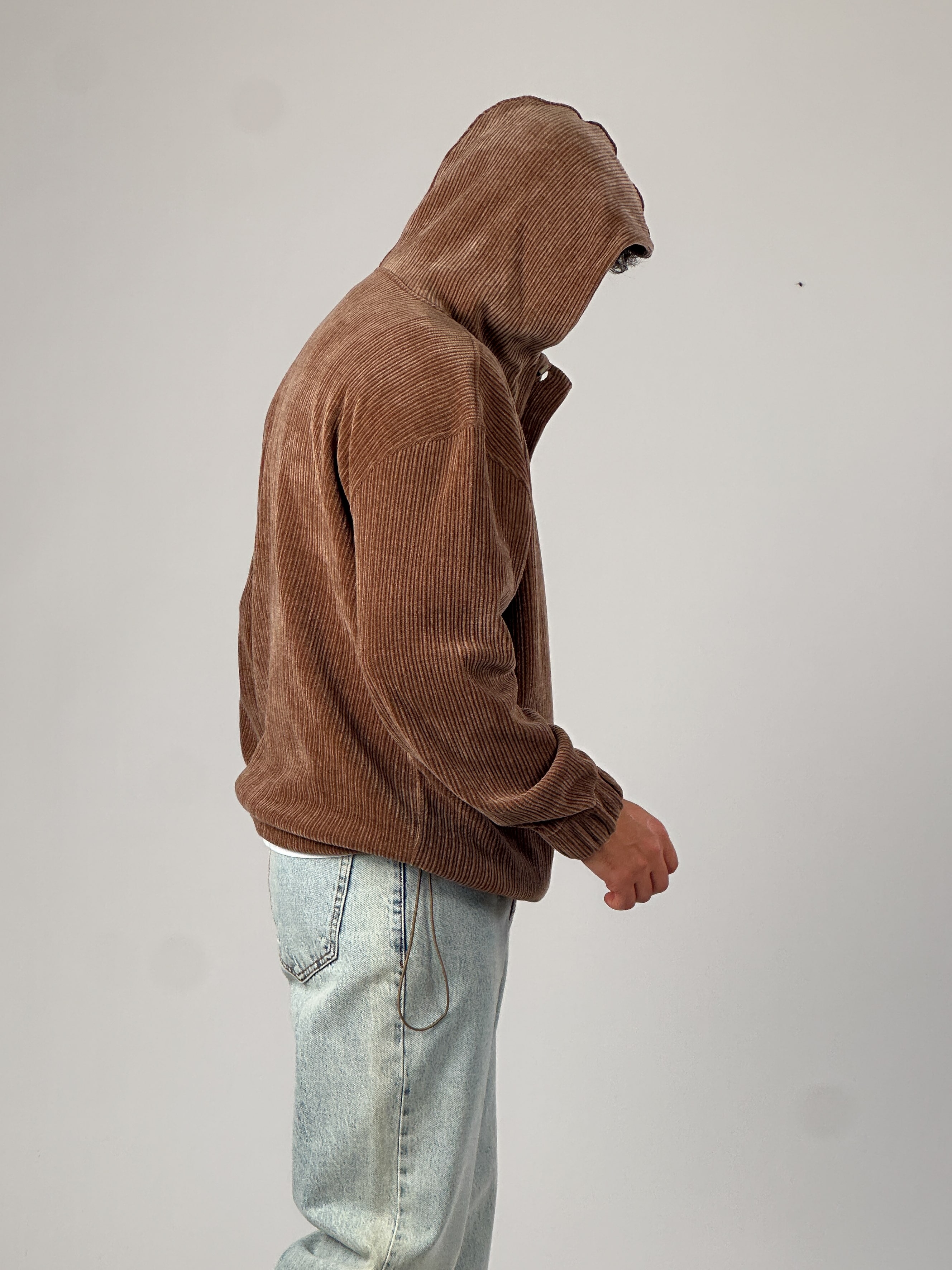 Kadife Dokulu Kahve Oversize Kapüşonlu Erkek Sweatshirt