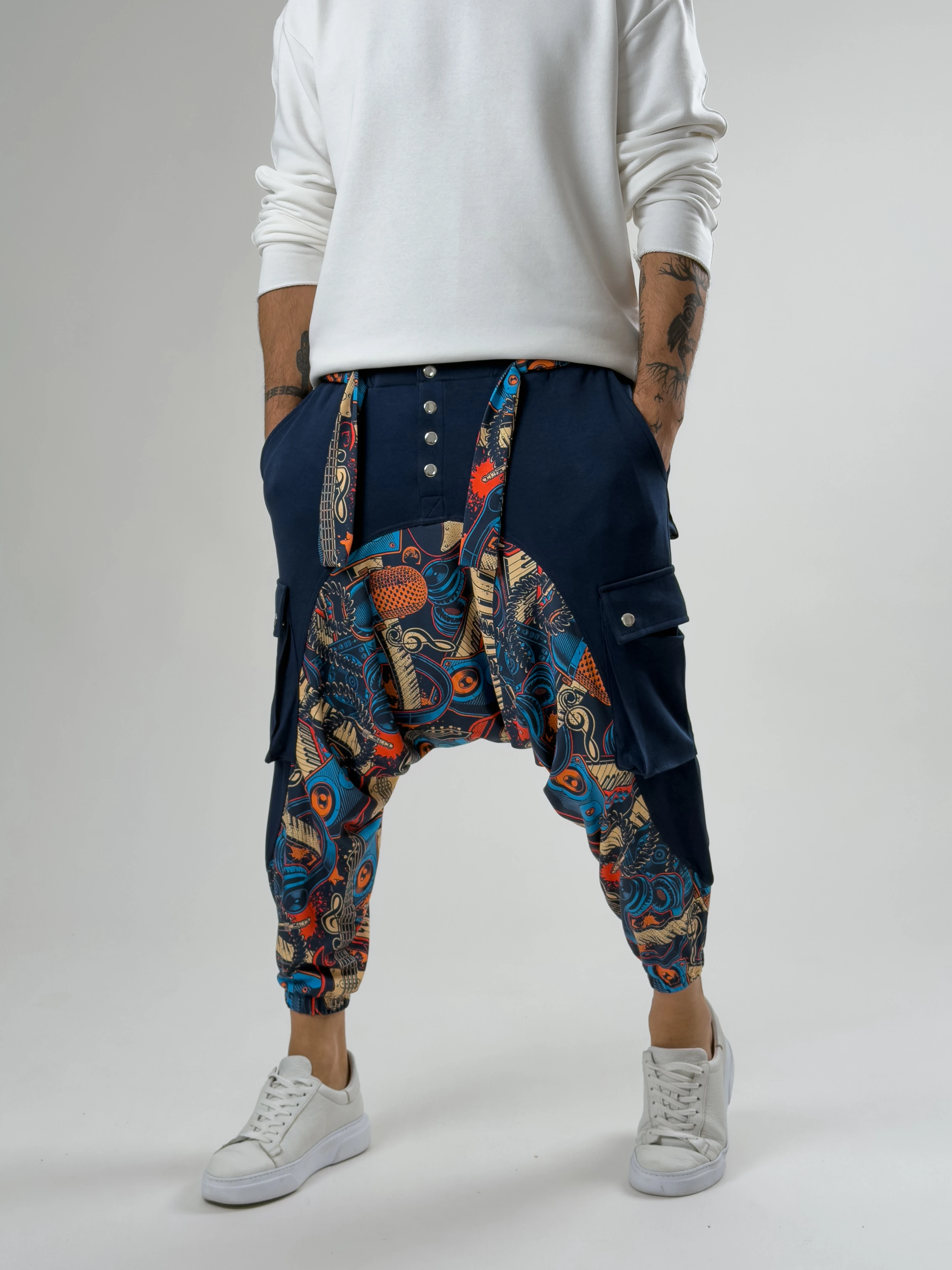 Garni Tasarım Erkek Müzik Desenli Lacivert Spor Şalvar COC2617