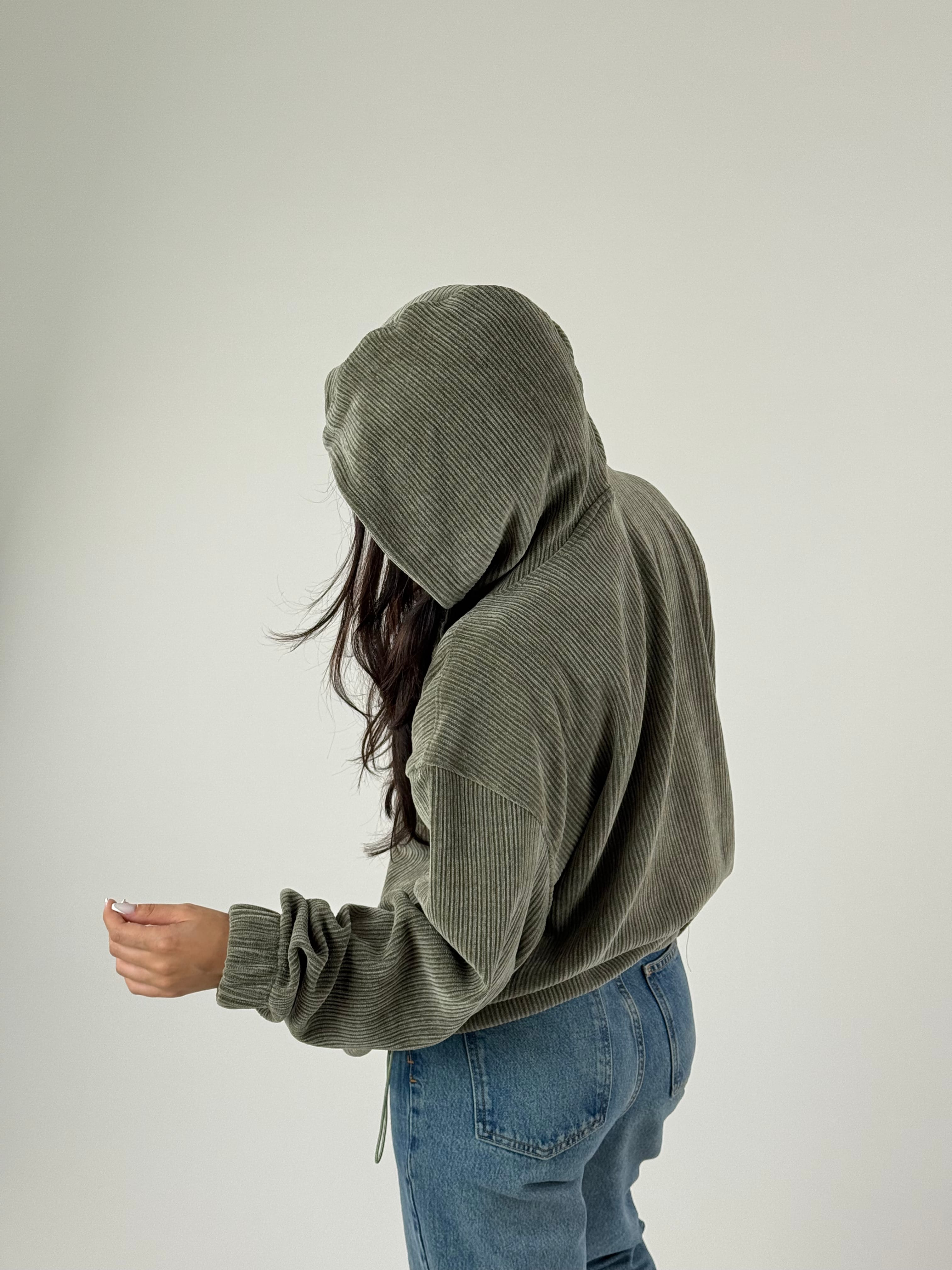 Kadife Dokulu Haki Oversize Kapüşonlu Kadın Sweatshirt
