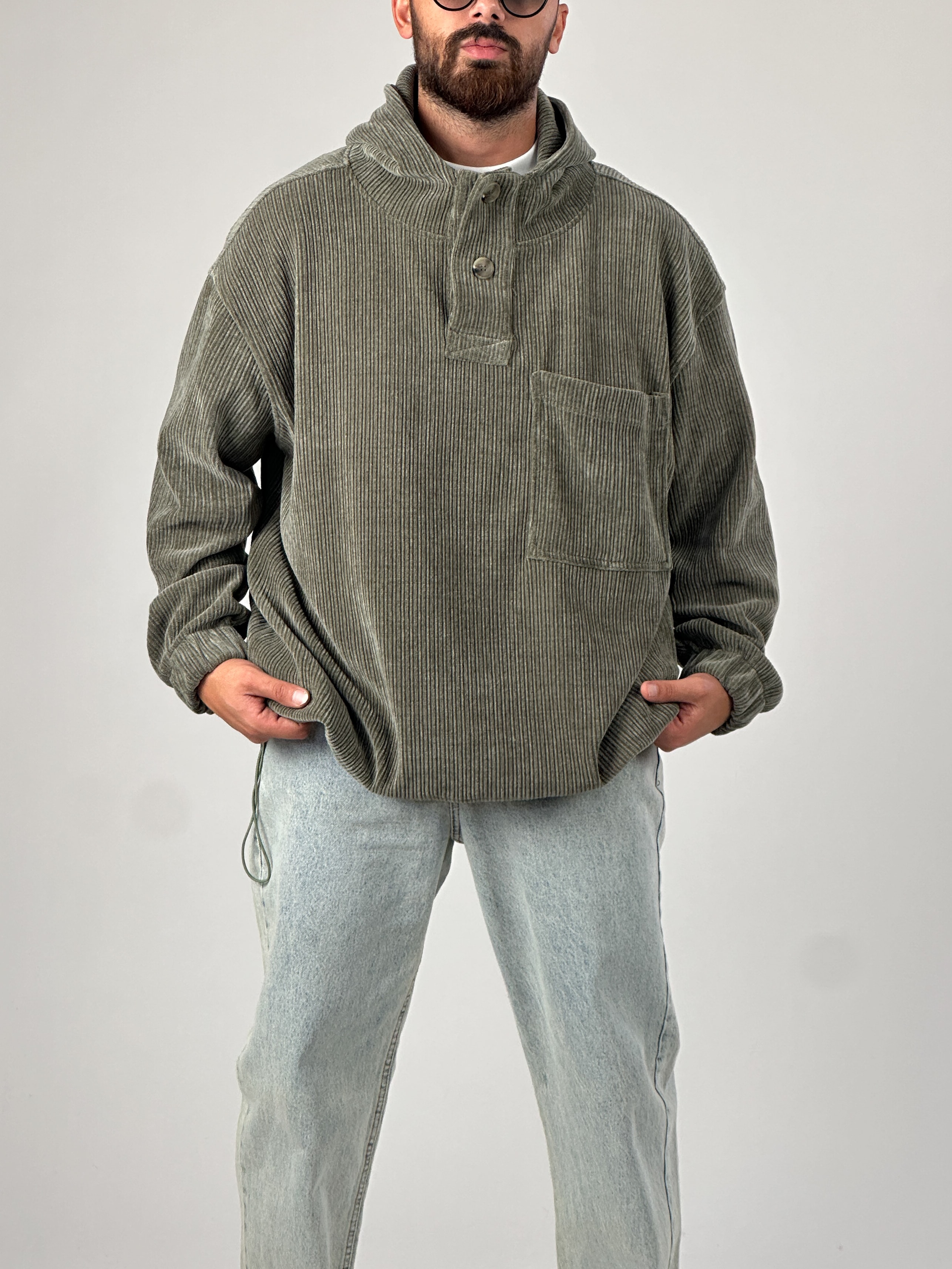 Kadife Dokulu Haki Oversize Kapüşonlu Erkek Sweatshirt