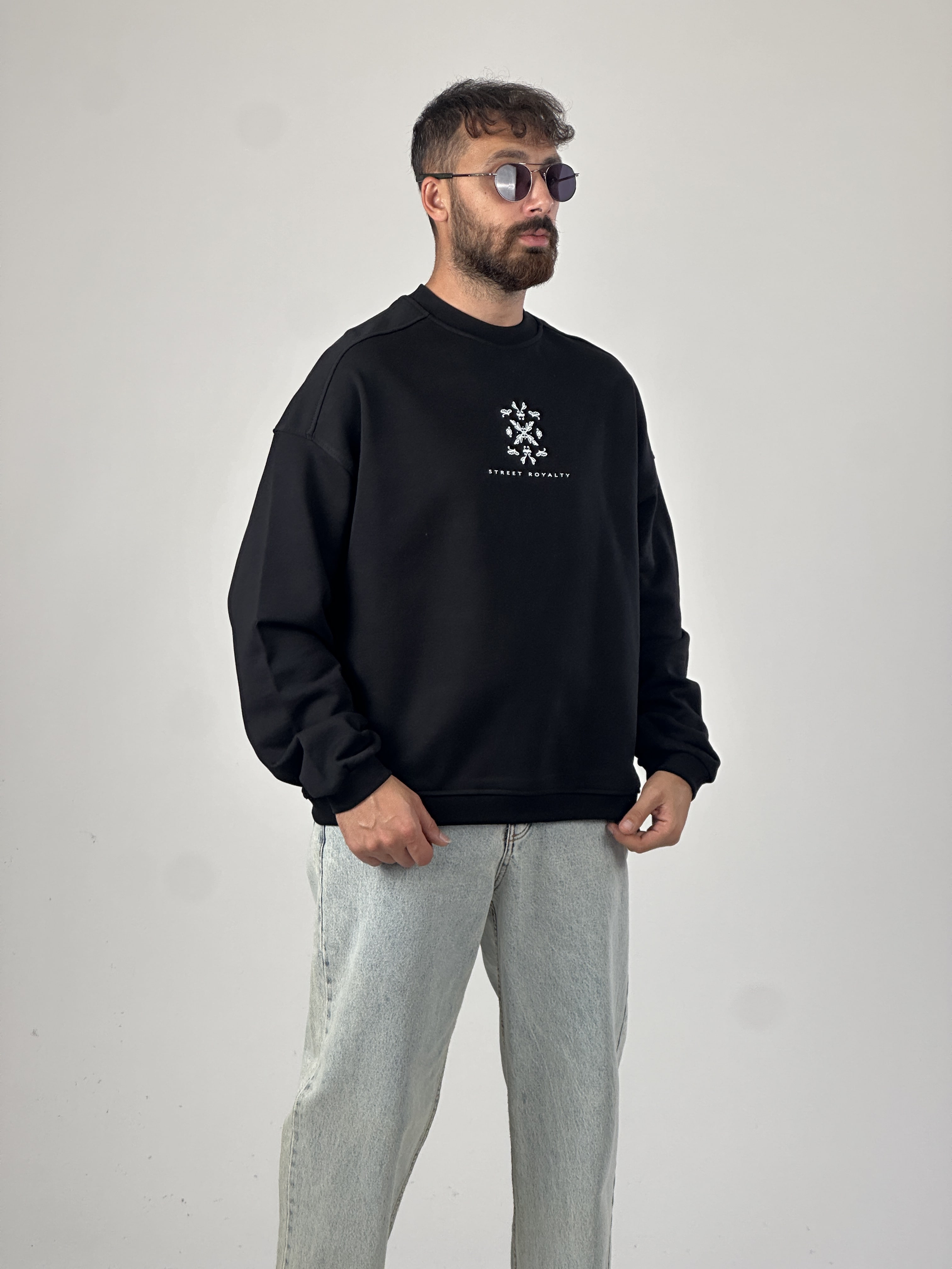 Etnik Desenli Tasarım Erkek Siyah Sweatshirt