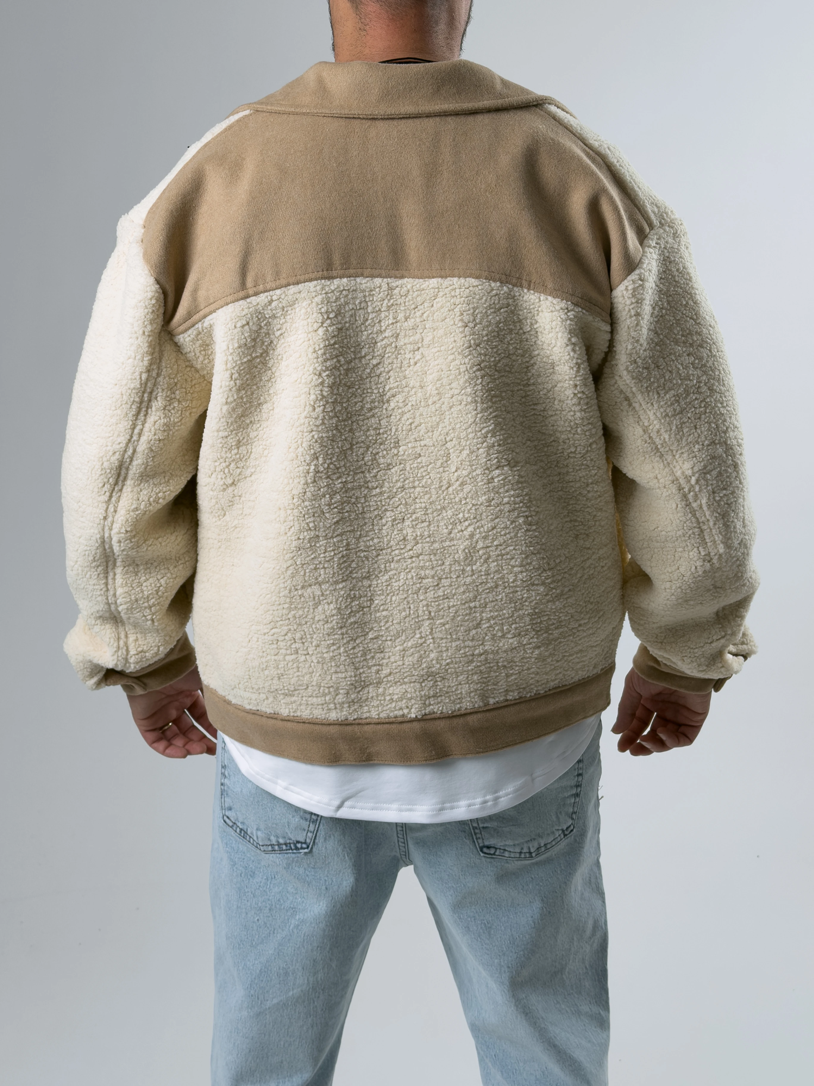 Erkek Kaşe Detaylı Ekru Peluş Hırka COC2585