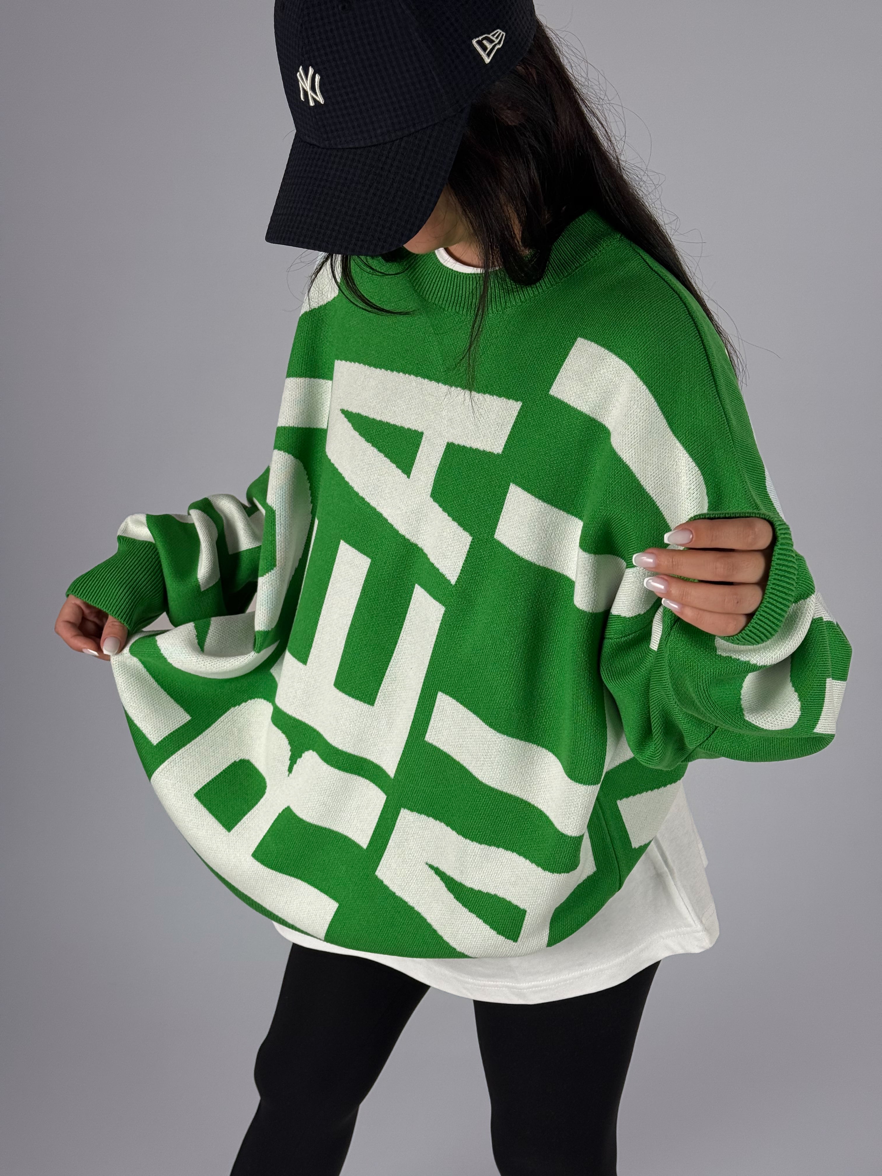 Bold Print Oversize Kadın Yeşil Sweat
