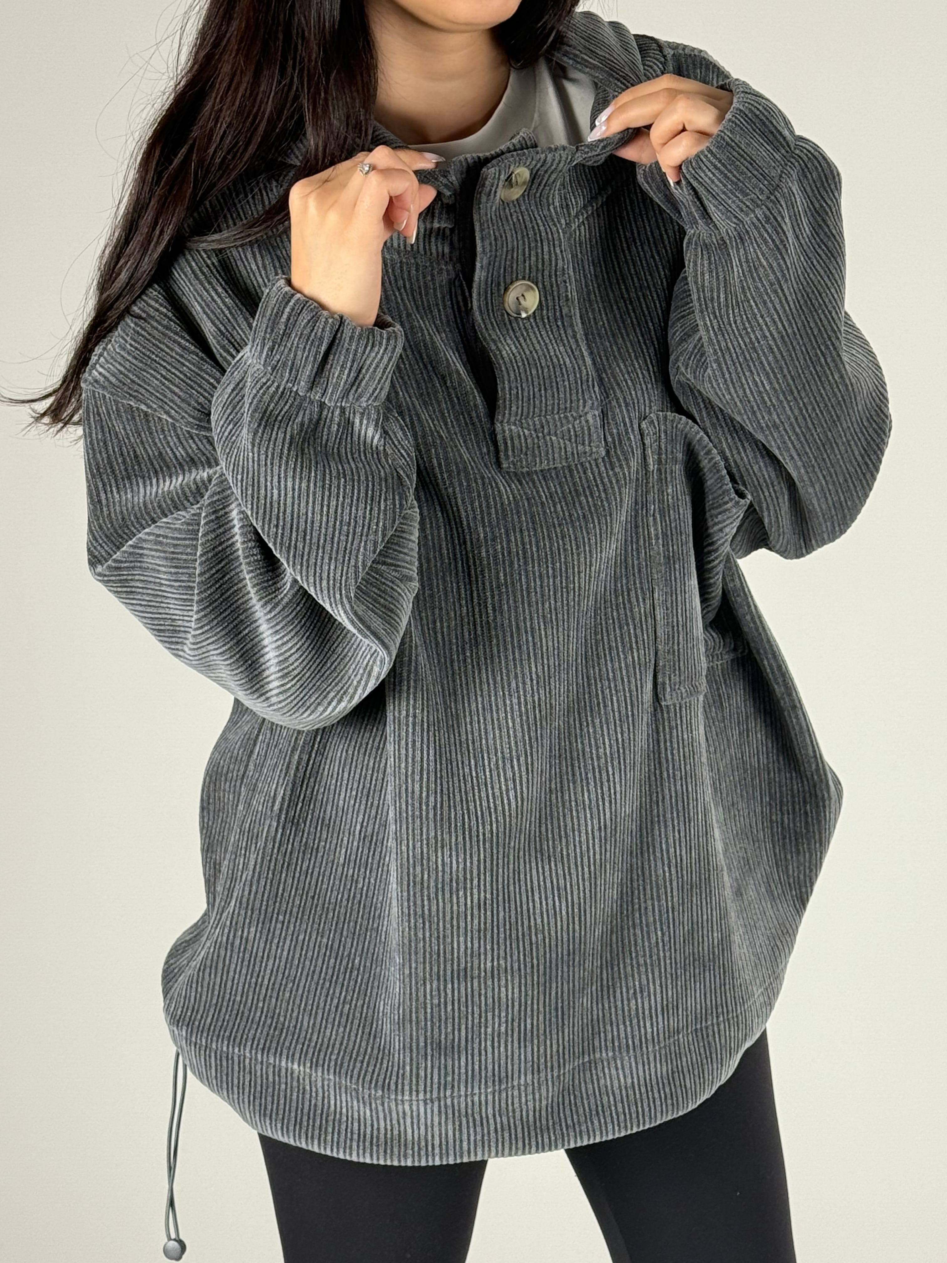 Kadife Dokulu Antrasit Oversize Kapüşonlu Kadın Sweatshirt